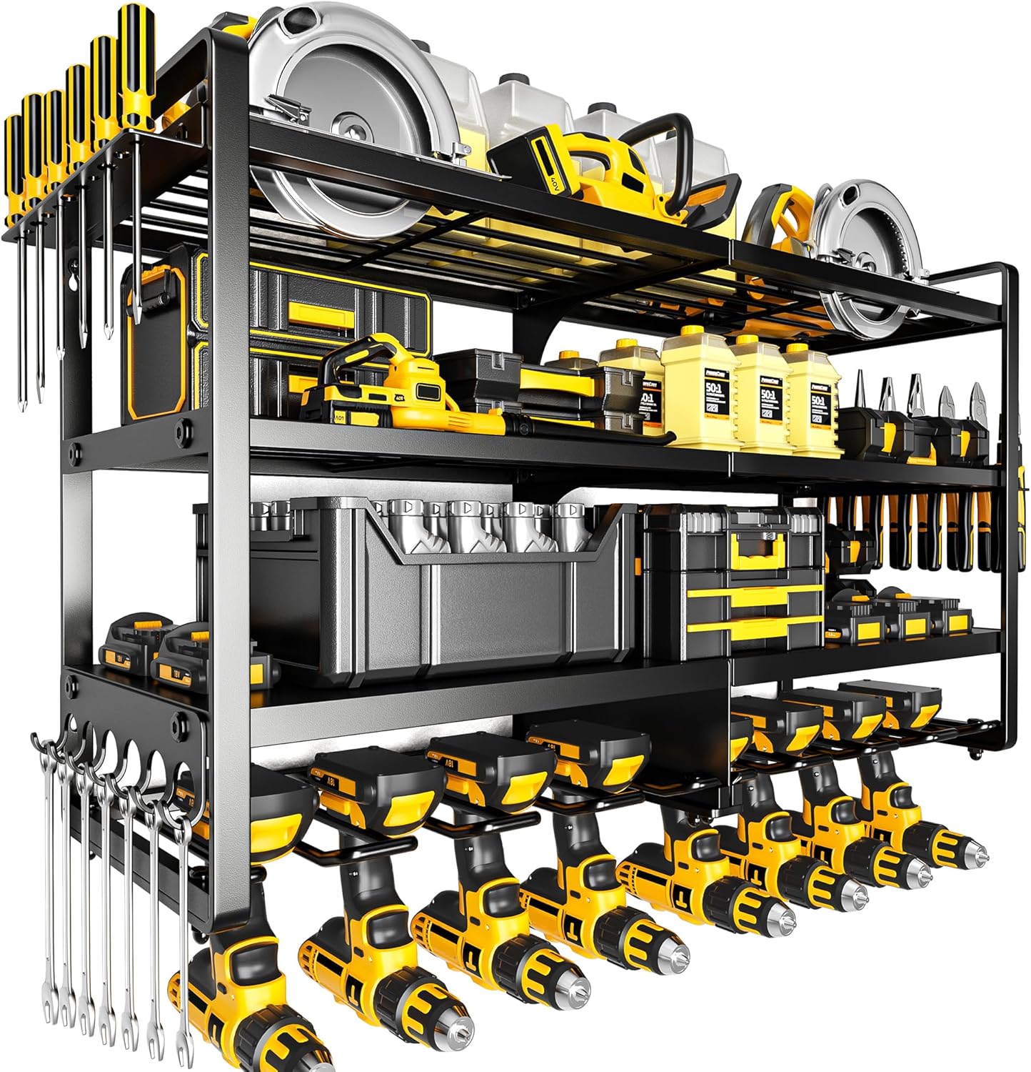 POKIPO Large Power Tool Organizer Wall Mount, 4 Layers Heavy Duty Metal Holds 400lbs, Power Tool Shelf Battery Storage with 8 Cordless Drill Holders, Utility Racks for Garage Workshop