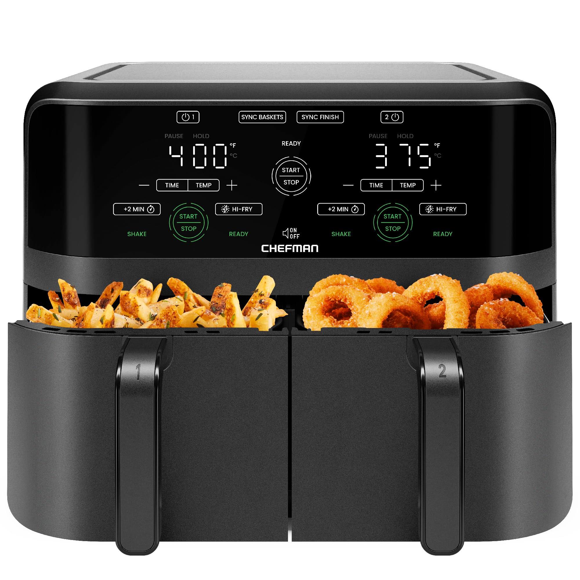 Chefman 6 Quart Dual Basket Air Fryer - Digital Touchscreen, Smart Sync Finish, Hi-Fry, Auto Shutoff, 2 Independent 3qt Nonstick Dishwasher-Safe