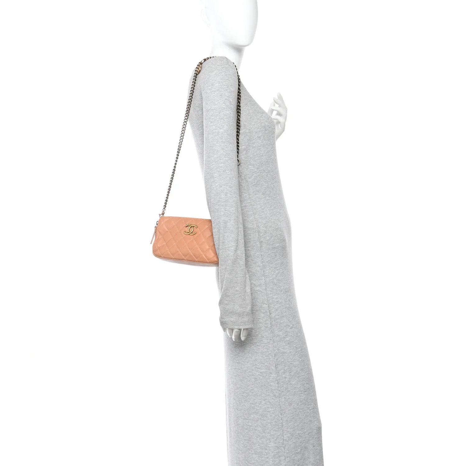 Calfskin Quilted Crown CC Double Zip Bag Beige