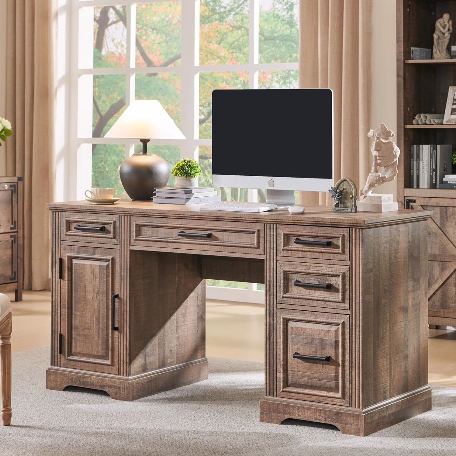 Farmhouse Wood 58" Executive Desk, Home Office 30" High Computer Desk with Drawers and Storage Cabinet, White(White) - Image 5