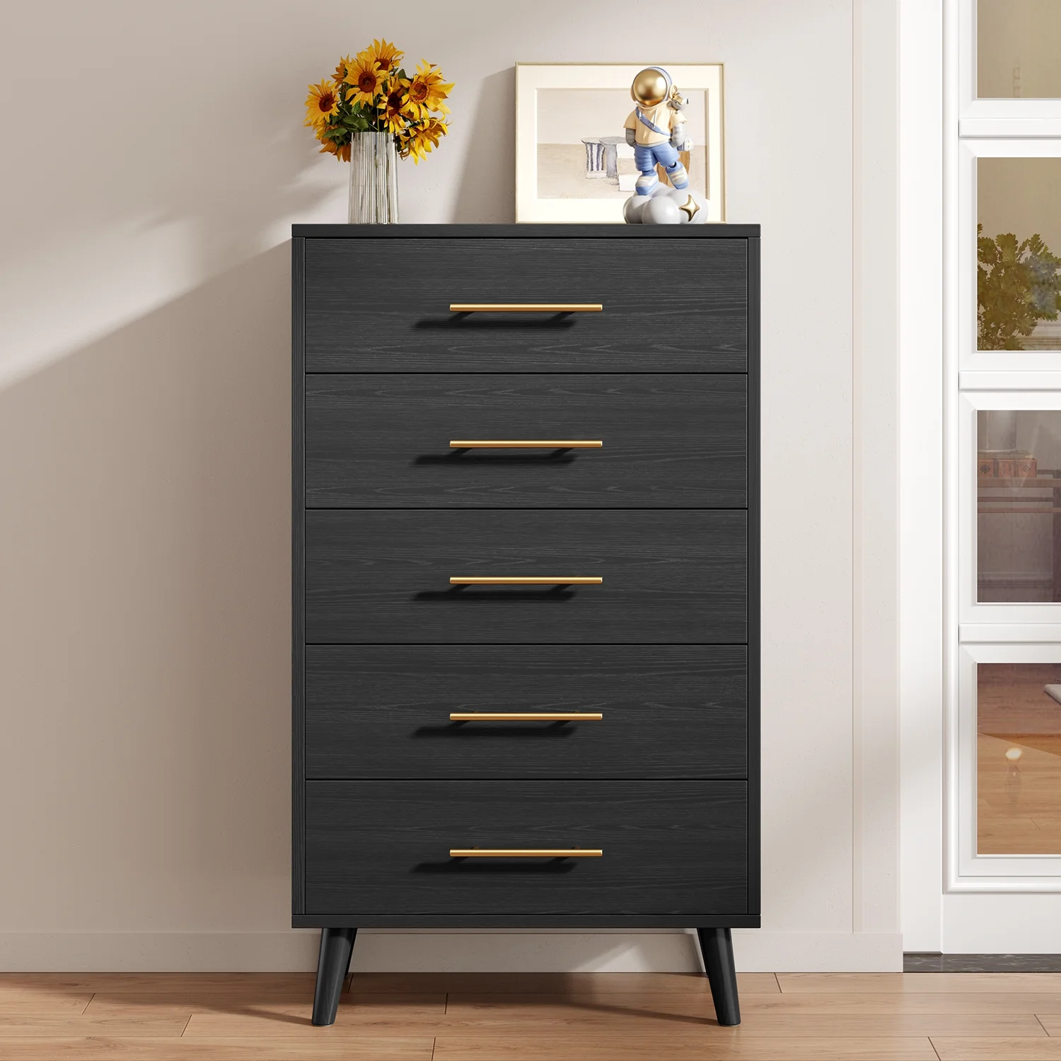 Bedroom Set Includes Full Size Bed Frame (Dark Gray), Nightstands, 5-Drawer Dresser Double Wide 6-Drawer Dresser Modern Storage Solution for Stylish Home Decor, Black - Image 4