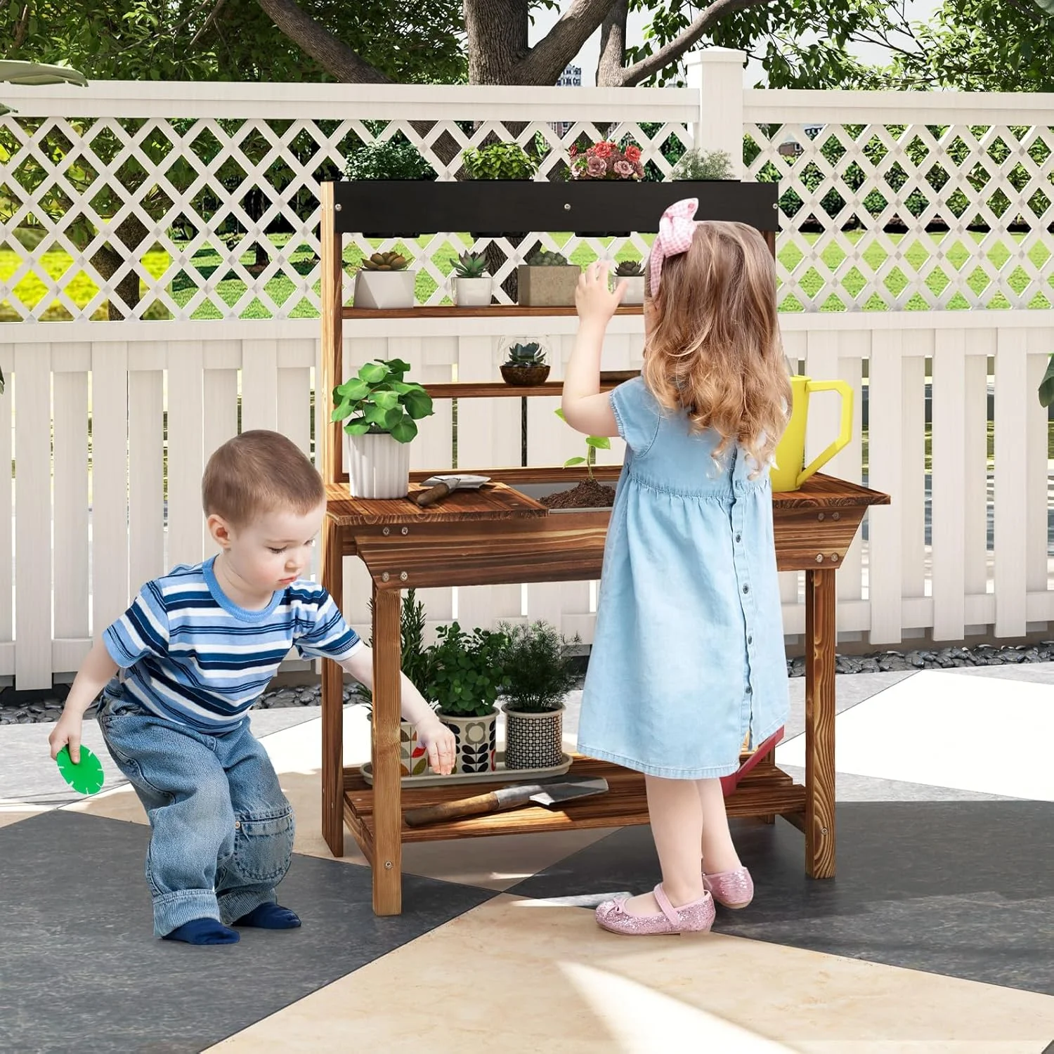 Kids Potting Bench, Fir Wood Outdoor Mud Table with Removable Sink, 4 Pots, Chalkboard, Storage Shelves, Garden Kid Kitchen Playset, Mud Kitchen for Kids Outdoor(Potting Bench Style) - Image 6