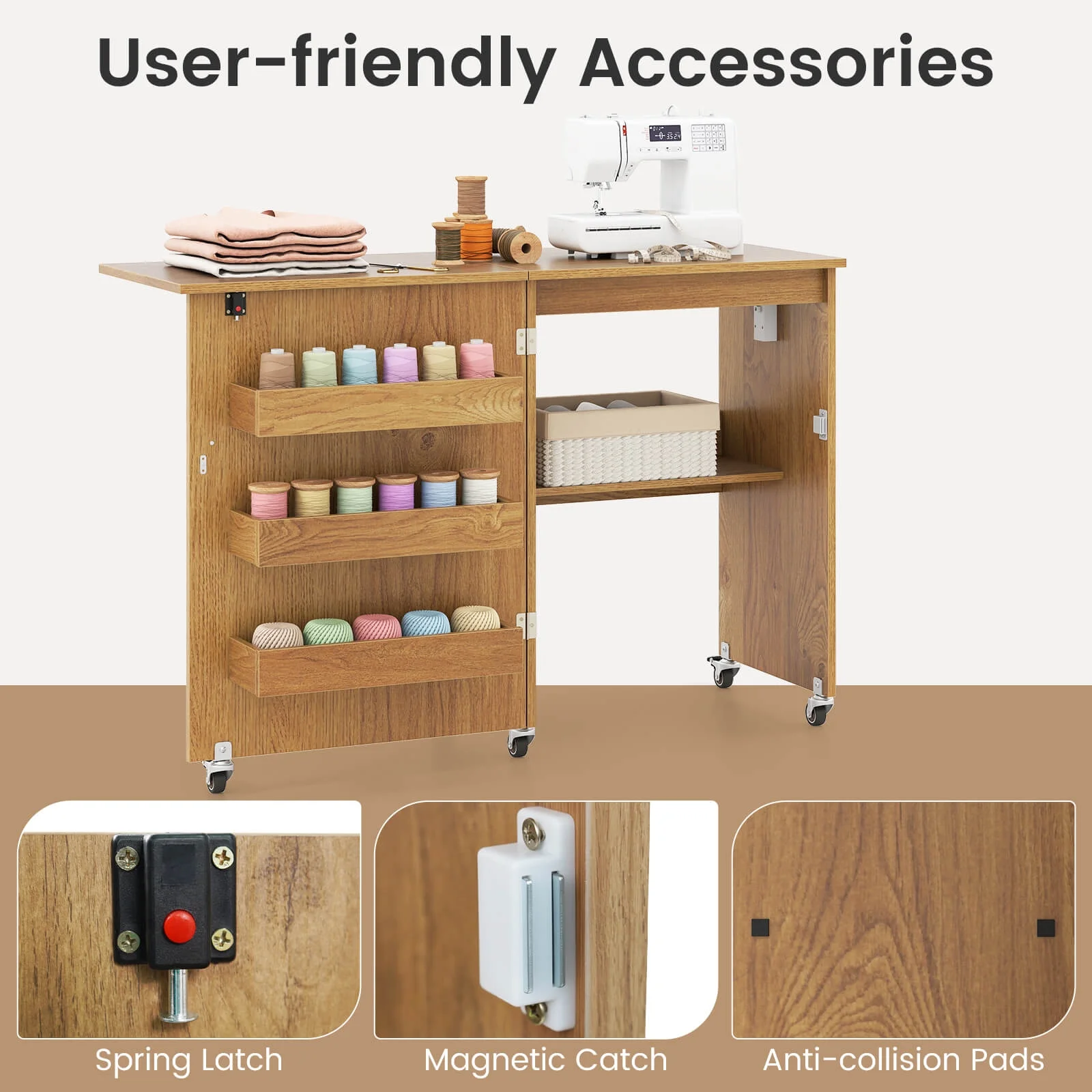 Folding Sewing Table Rolling Craft Station with 3 Storage Bins Charging Station Natural(Natural) - Image 6