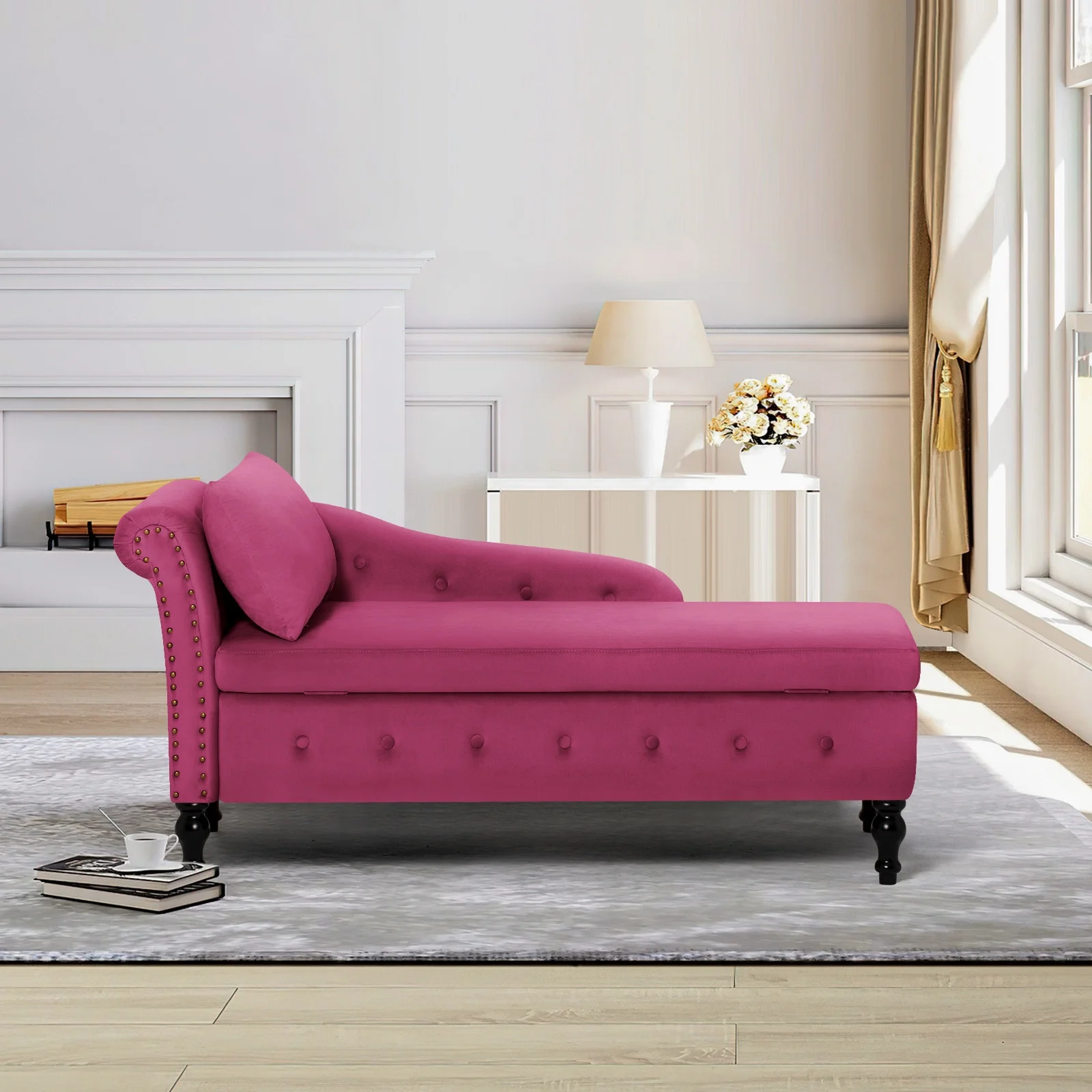 ACMEASE Chaise Lounge Chair Indoor Kids Modern Tufted Right Armrest Velvet Lumbar, Fuchsia