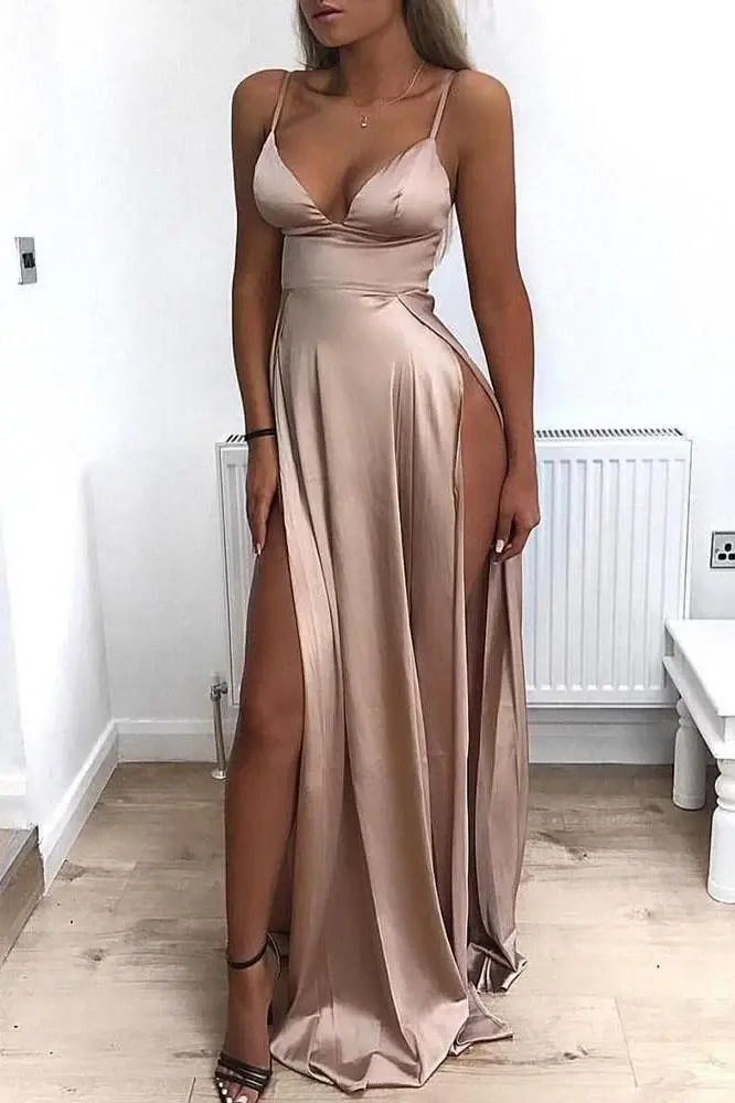 A Line Spaghetti Straps Sexy Slit Prom Dresses. Cheap Long Evening Dress DMJ26