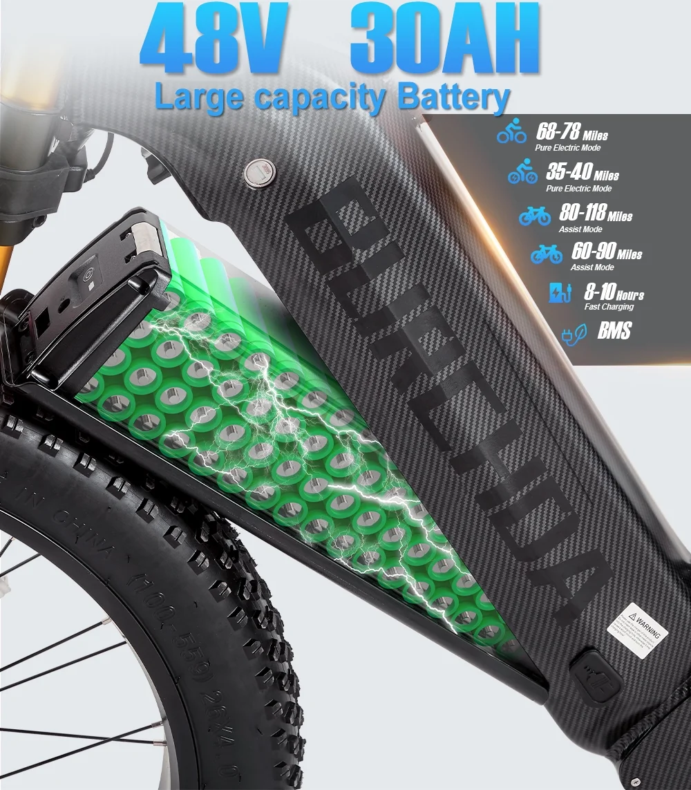 Dual Motors AWD 2000W Electric Bike for Adult 26'', UL2849 48V 60AH Removable Battery E-mountain bike 4'' Fat Tire up to 35MPH200Miles Long Range Off Road Ebike Beach Dual HydraulicBrakes E-Bicycle(AWD HC26 Dual battery(30Ah*2)) - Image 8
