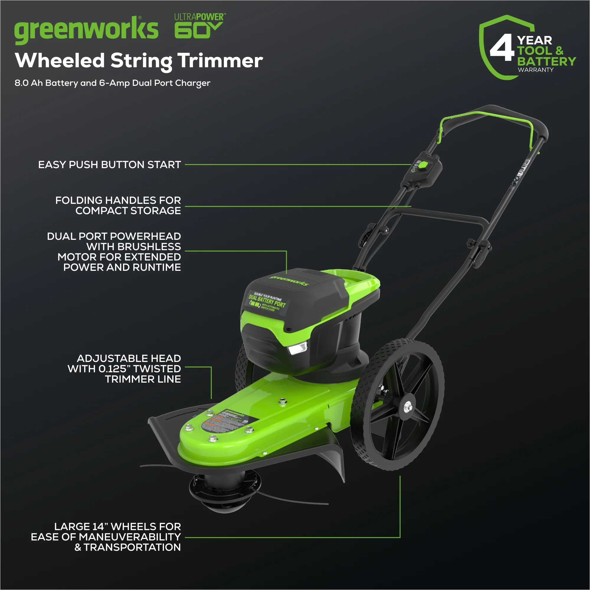 Greenworks 60V 22" Cordless Brushless Wheeled String Trimmer with 8.0ah Battery and Charger