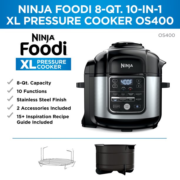 Ninja Foodi 10-en-1 XL Autocuiseur Friteuse à Air Multicuiseur, Acier inoxydable, OS400