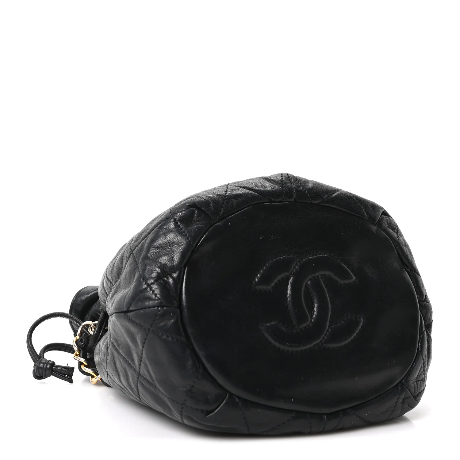 Lambskin Quilted Mini Drawstring Bucket Bag Black