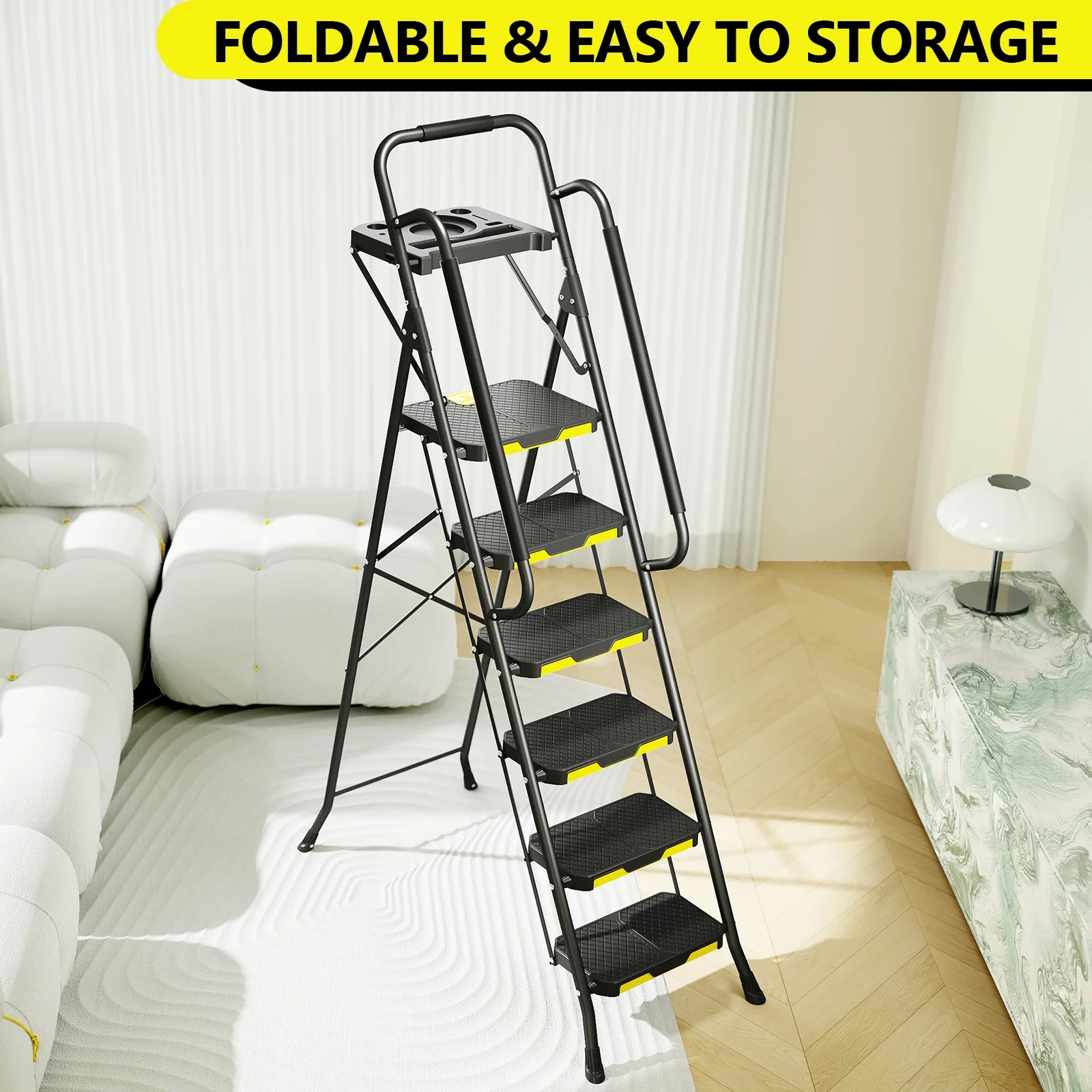 6 Step Ladder, Metal Ladder with Tool PlatformHandrails, 800 lbs Capacity, Black - Image 6