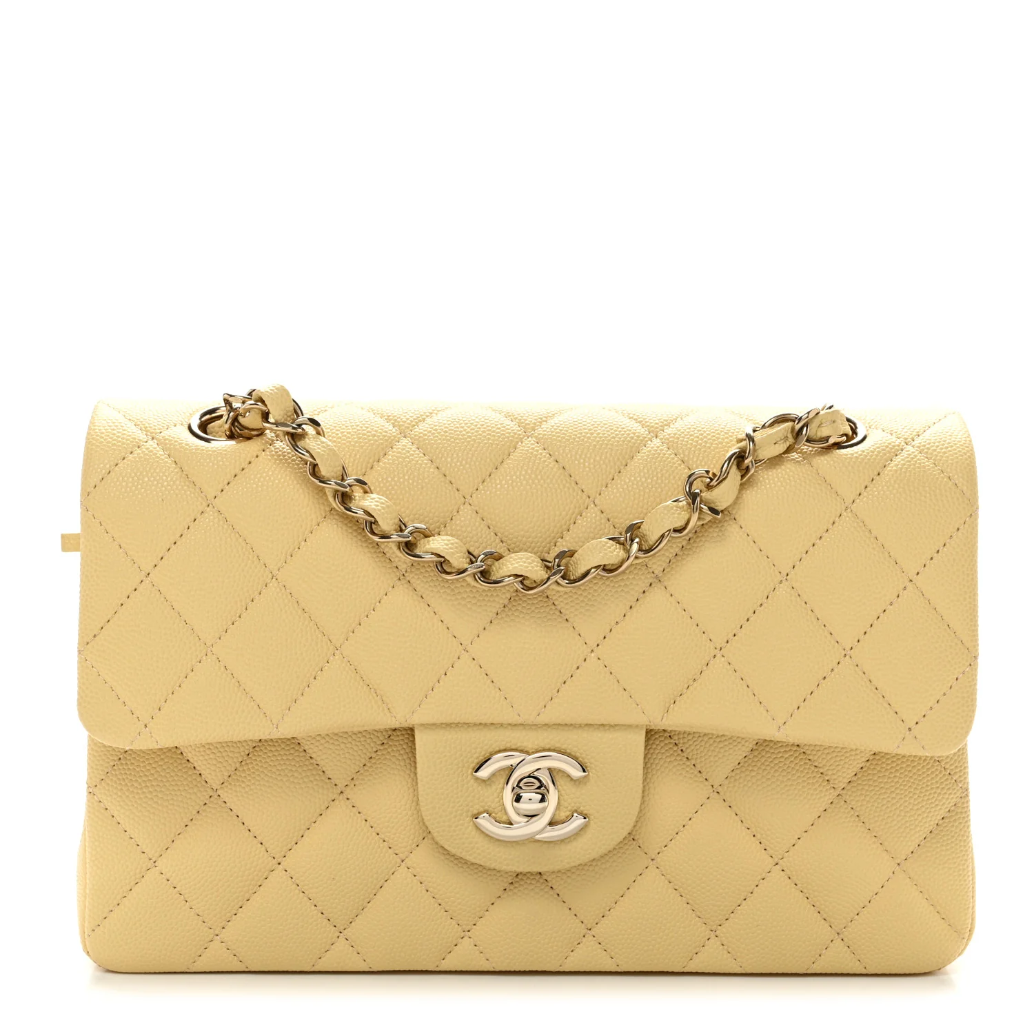 Caviar Quilted Small Double Flap Light Yellow