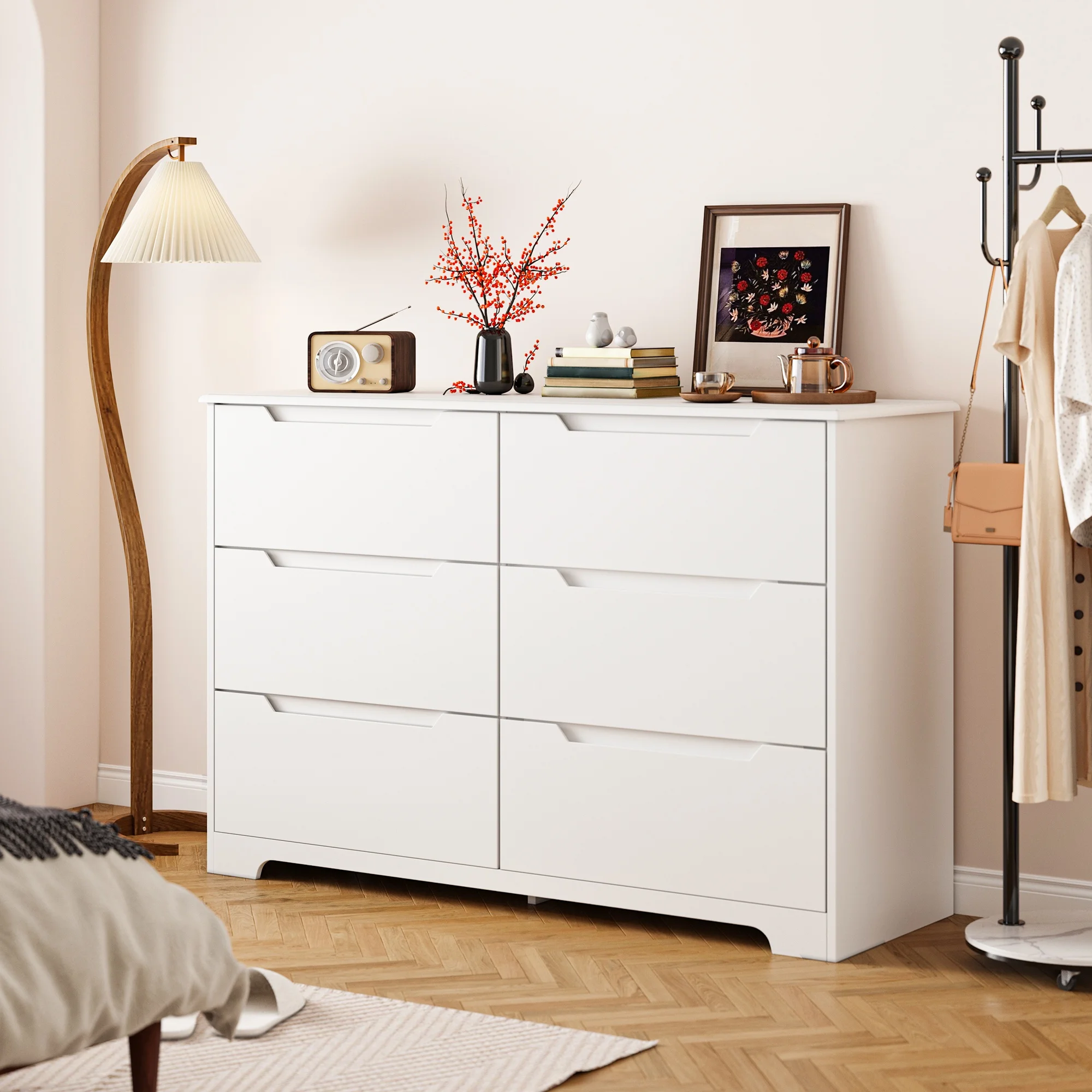 Dresser for Bedroom, Lofka 6 Drawer Double Dresser with Cutout Handles, Large Storage Capacity, Anti - Tip Safety, Modern Wood Chest of Drawers, Smooth Metal Rail, White