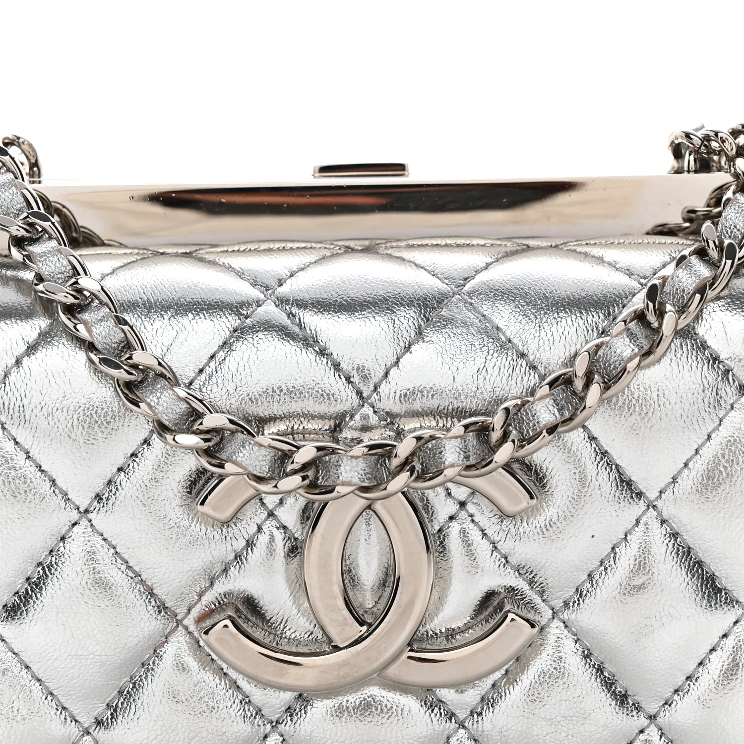 Metallic Calfskin Quilted Box Crossbody Silver