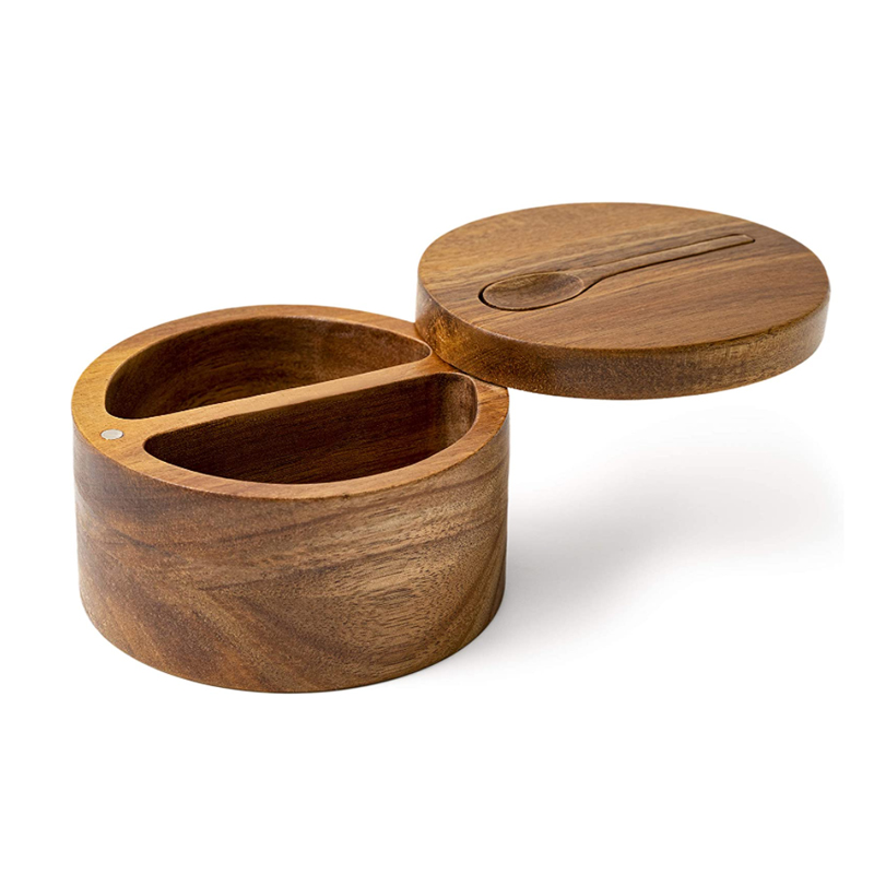 Acacia Salt Box Divided with Magnetic Swivel - 2-Compartment Wooden Spice Cellar