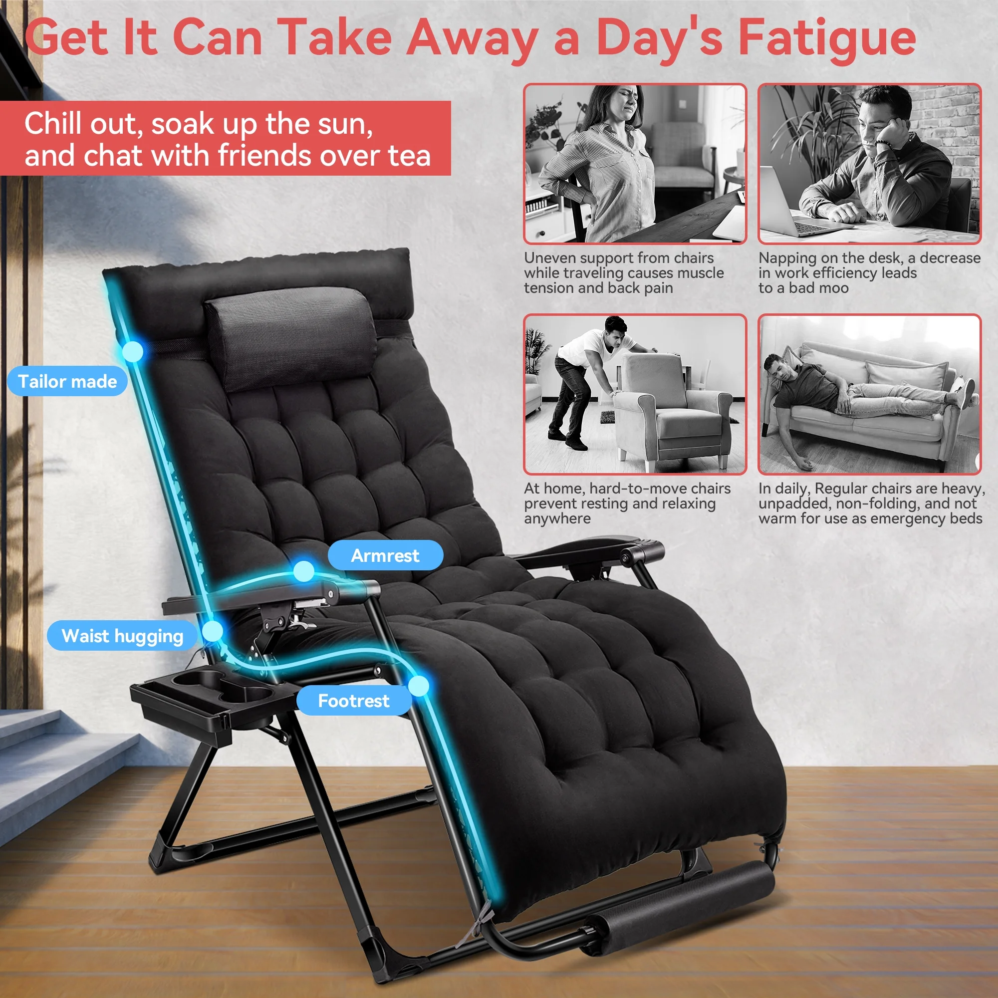 XXL Oversize Zero Gravity Chair 500lb Capacity, 33-Inch Wide Padded Seat, Folding Travel Recliner for Outdoor / Indoor Use Patio, Lawn, Black, Portable and Heavy Duty(1/Black) - Image 4