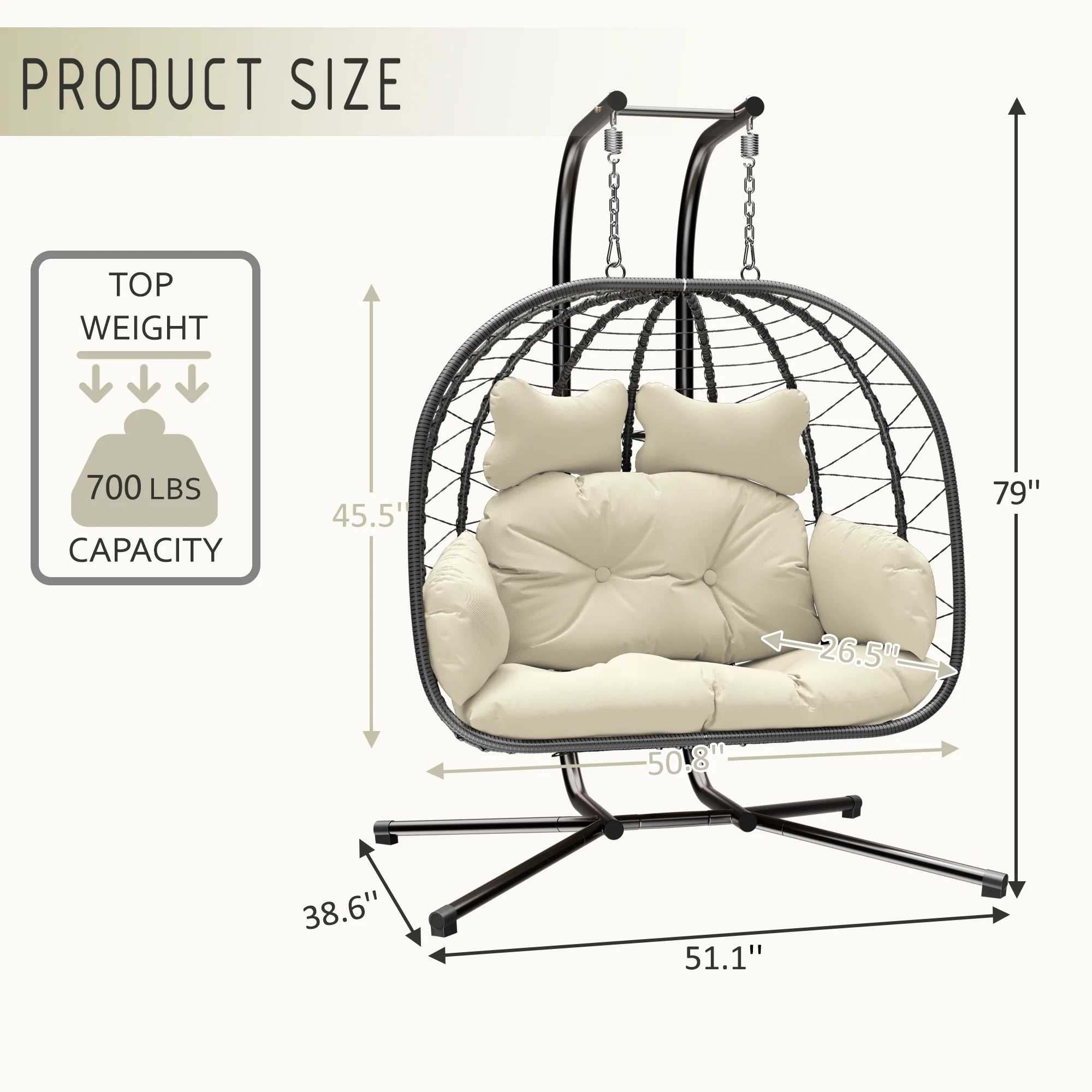 Double Wicker Swing Egg Chair Hammock Foldable Hanging Loveseat with Stand, UV Resistant Removable Cushions, 700LBS Capacity for Bedroom, Balcony (Black and Beige)(Black and Beige) - Image 9