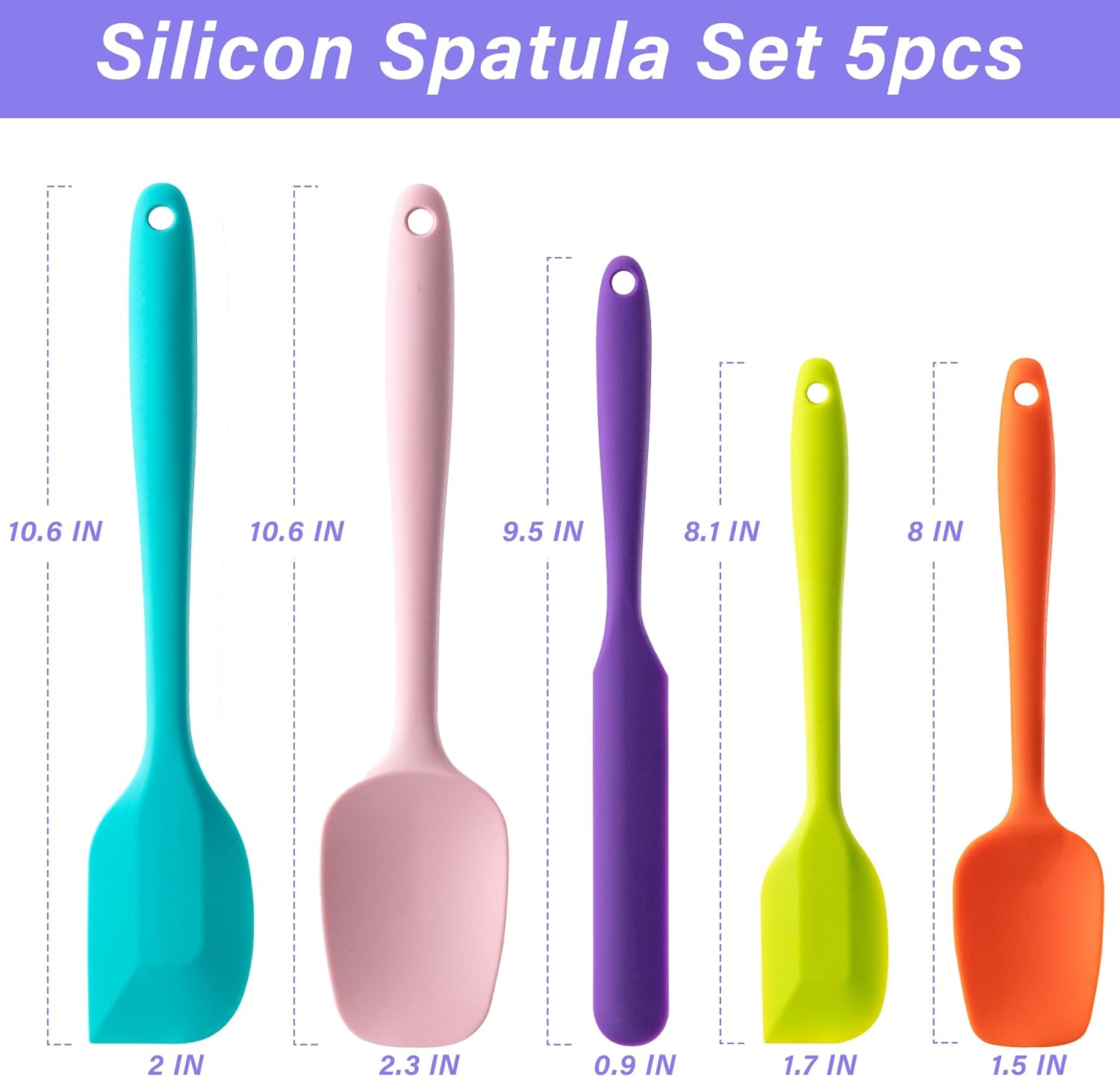 Silicone Spatula Set, 5 Piece Food Grade Rubber Spatulas, Multicolor