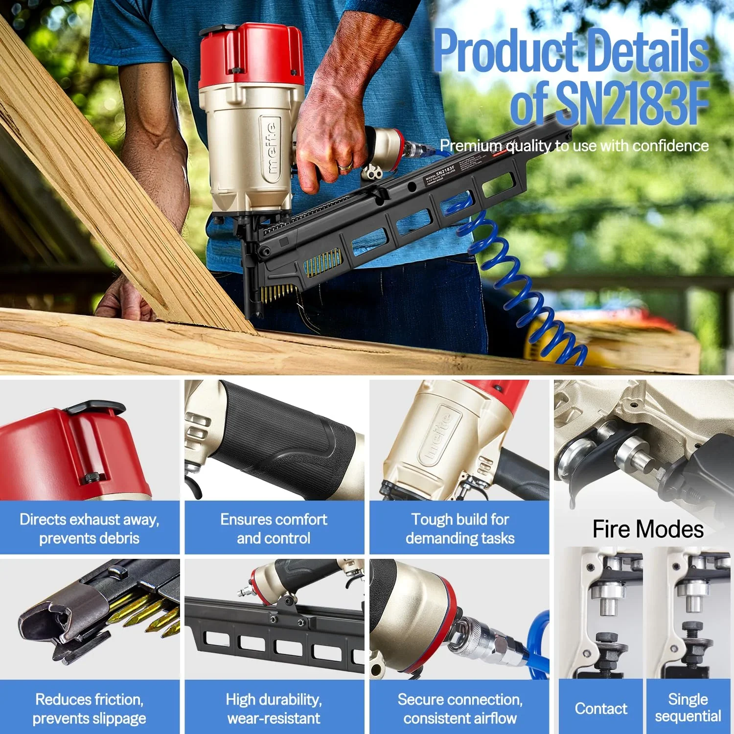Meite SN2183F Pneumatic Framing Nailer 21 Degree 2 to 3-1/4 Length Plastic Plastic Collated Round Head Framing Nail Gun