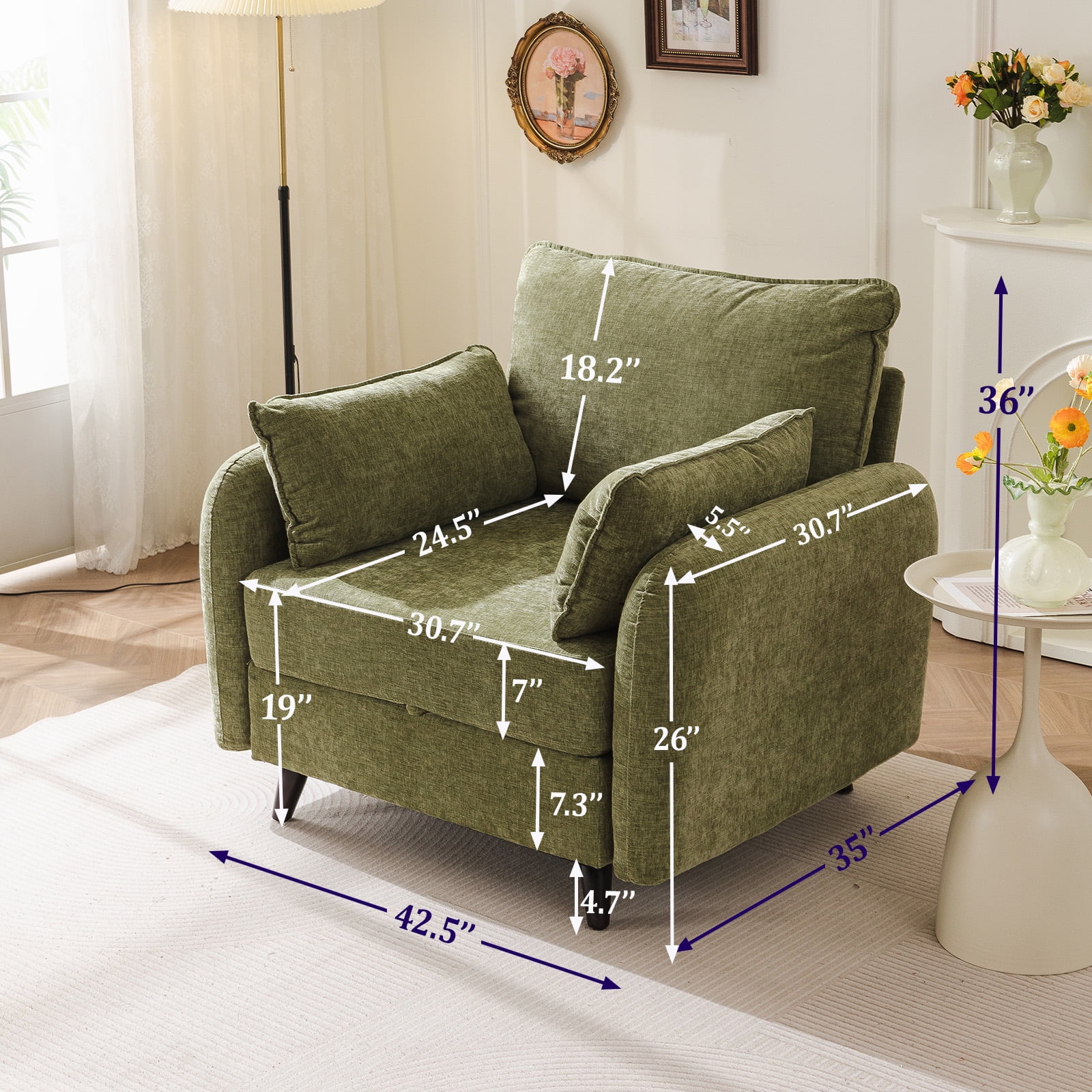 Rexulqo Oversized Accent Chair with All Seats Storage, Comfy Living Room Chairs with 2 Throw Pillow, Upholstered Mid - Century Armchair, 24.5'' Deep Seat, Reading Chair for Bedroom, Office, Chenille, Green