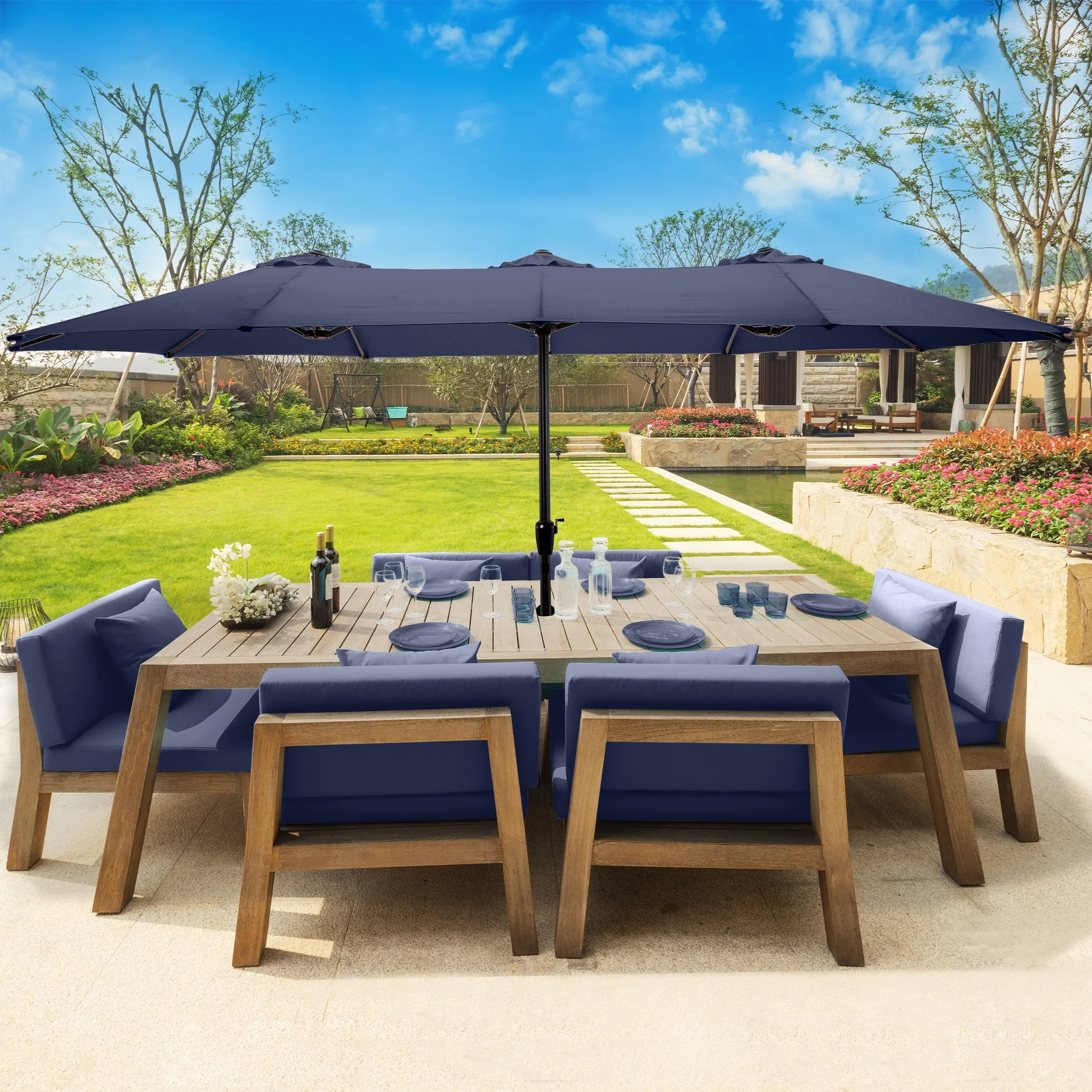 Pure Garden 15 Ft Double Patio Umbrella �?XL Sunshade with Hand Crank, Beige