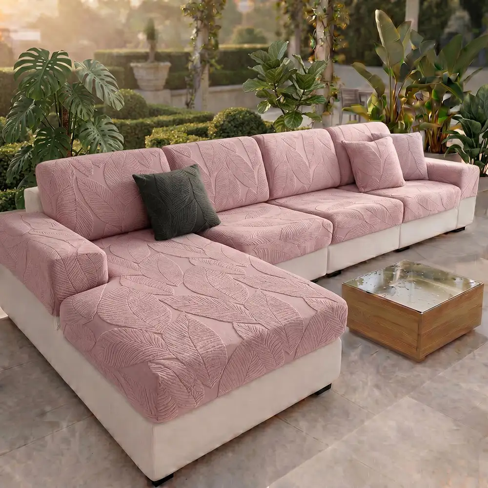 Modern Leaf Jacquard Water-Repellent Anti-Scratch Stretch Full Wrap Outdoor Couch Cover