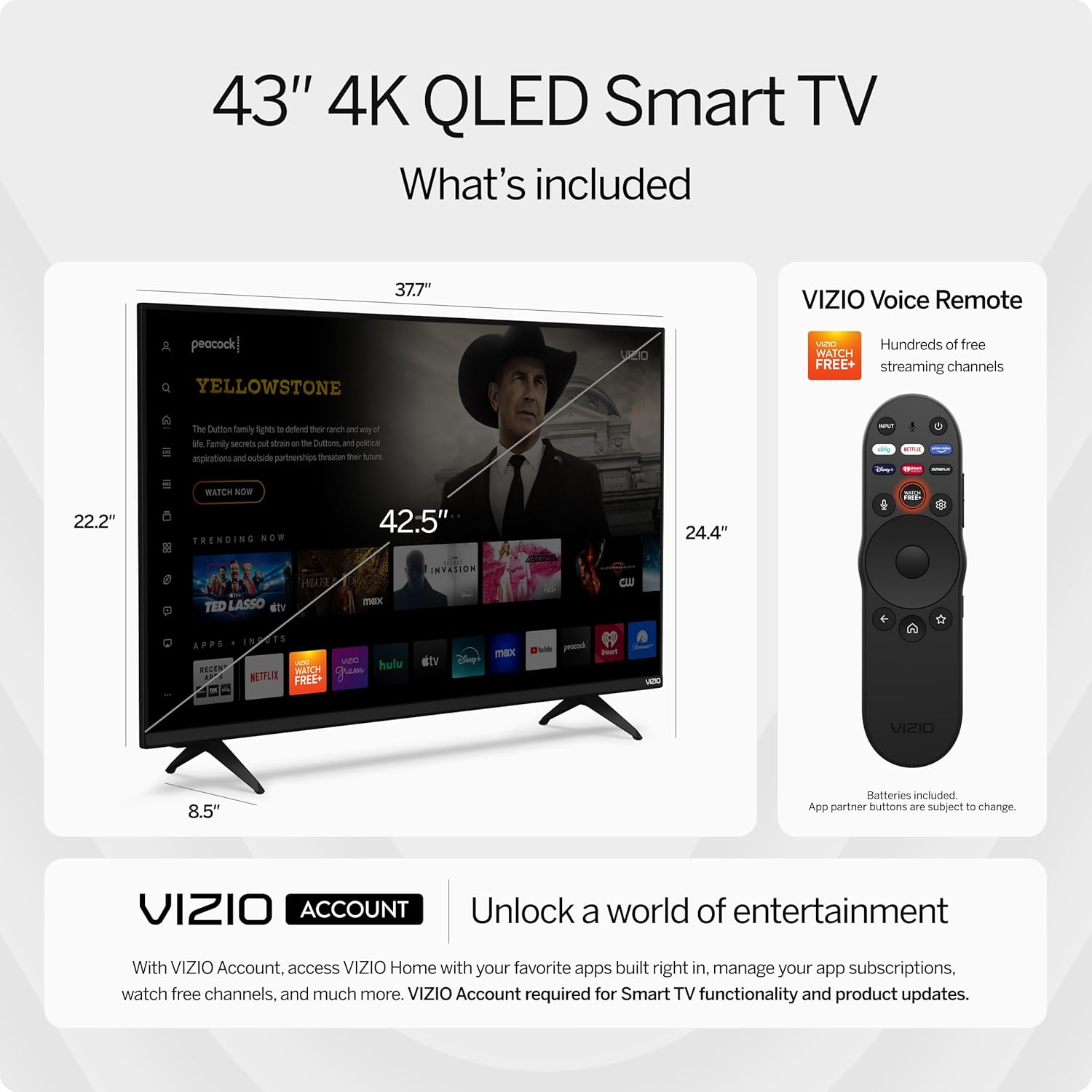 VIZIO 43-inch Quantum 4K QLED HDR Smart TV w/Dolby Vision HDR  120fps @1080p PC Gaming  WiFi 6  Bluetooth Headphone Capable  Apple AirPlay  Google Cast Built-in (VQD43M-0801  New)