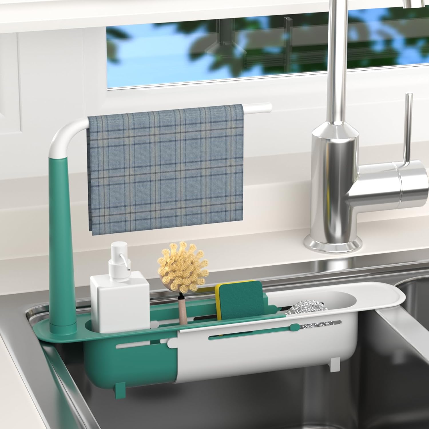 Telescopic Sink Storage Rack Adjustable with 2 Sponges - Sink Caddy Sponge Holder for kitchen sink (Green)