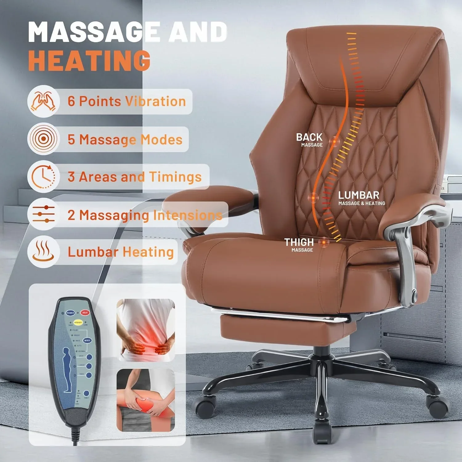 Fauteuil de bureau massant avec chauffage et repose-pieds, fauteuil de bureau ergonomique inclinable de direction