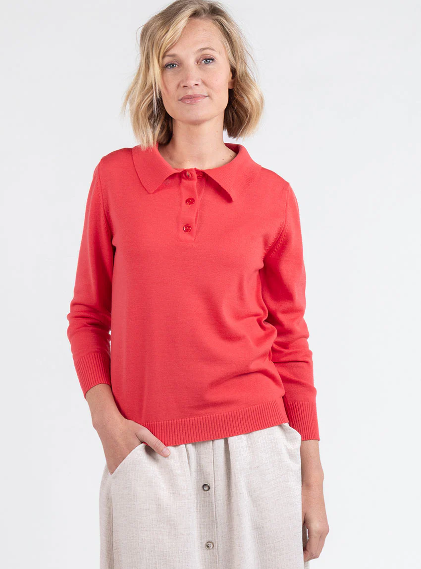 Pull femme col polo en laine rouge lumineux