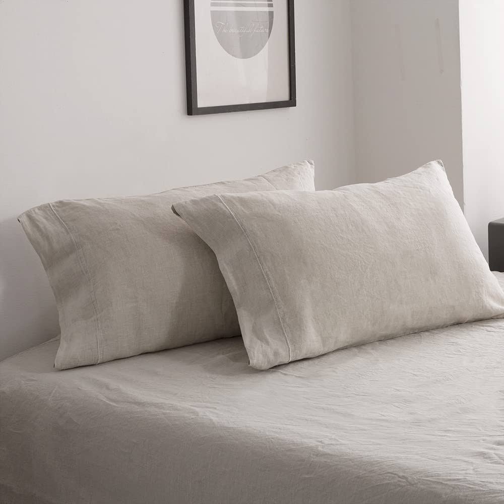 Simple&Opulence 100% Belgian Linen Pillowcase Embroidered-Set of 2, Queen(Standard) Size(20X30), Stone Washed Solid Color-Soft and Durable, Linen