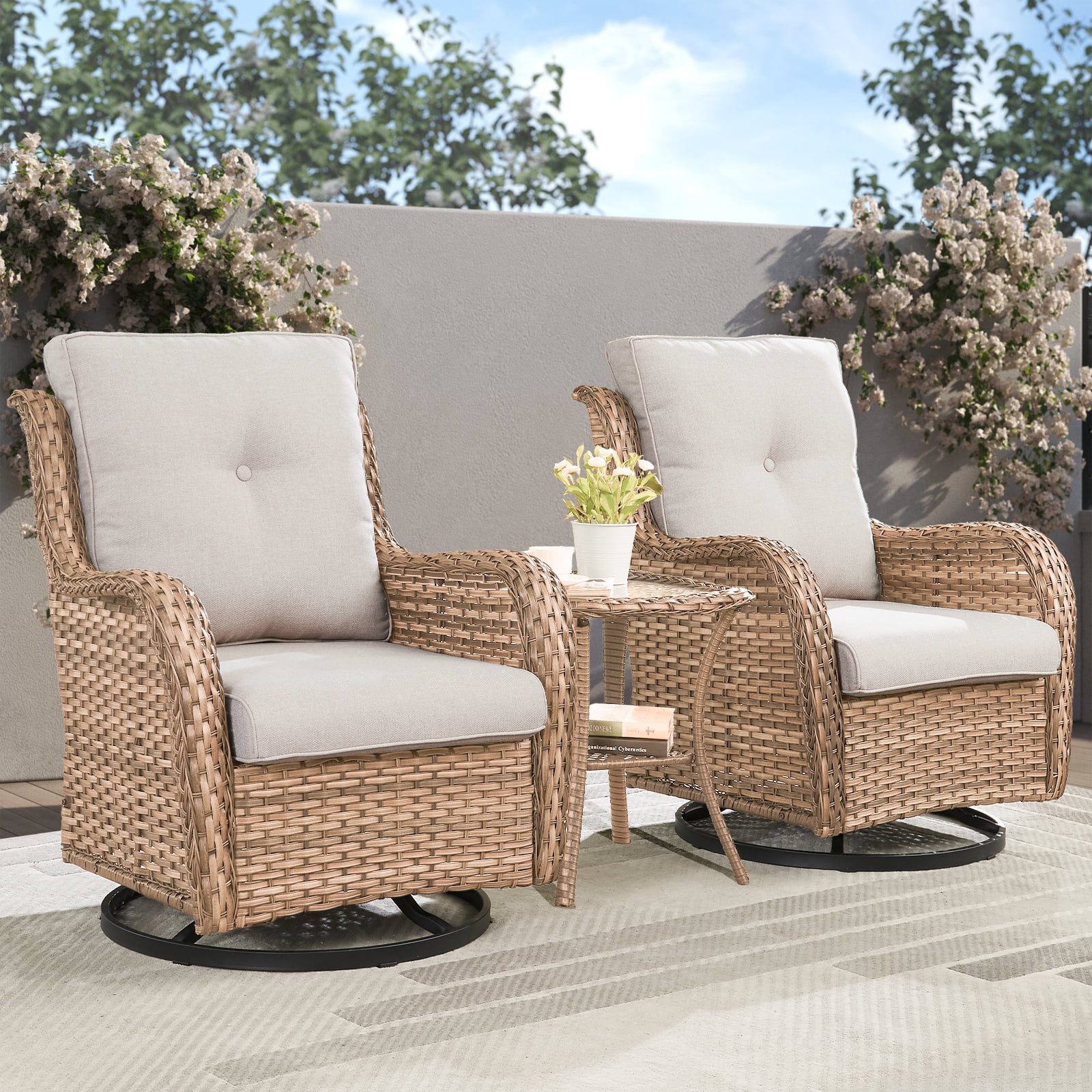 3 Piece Patio Set Outdoor Wicker Glider Rocking and Swivel Chairs with Cushions(Yellow/Beige) - Image 2