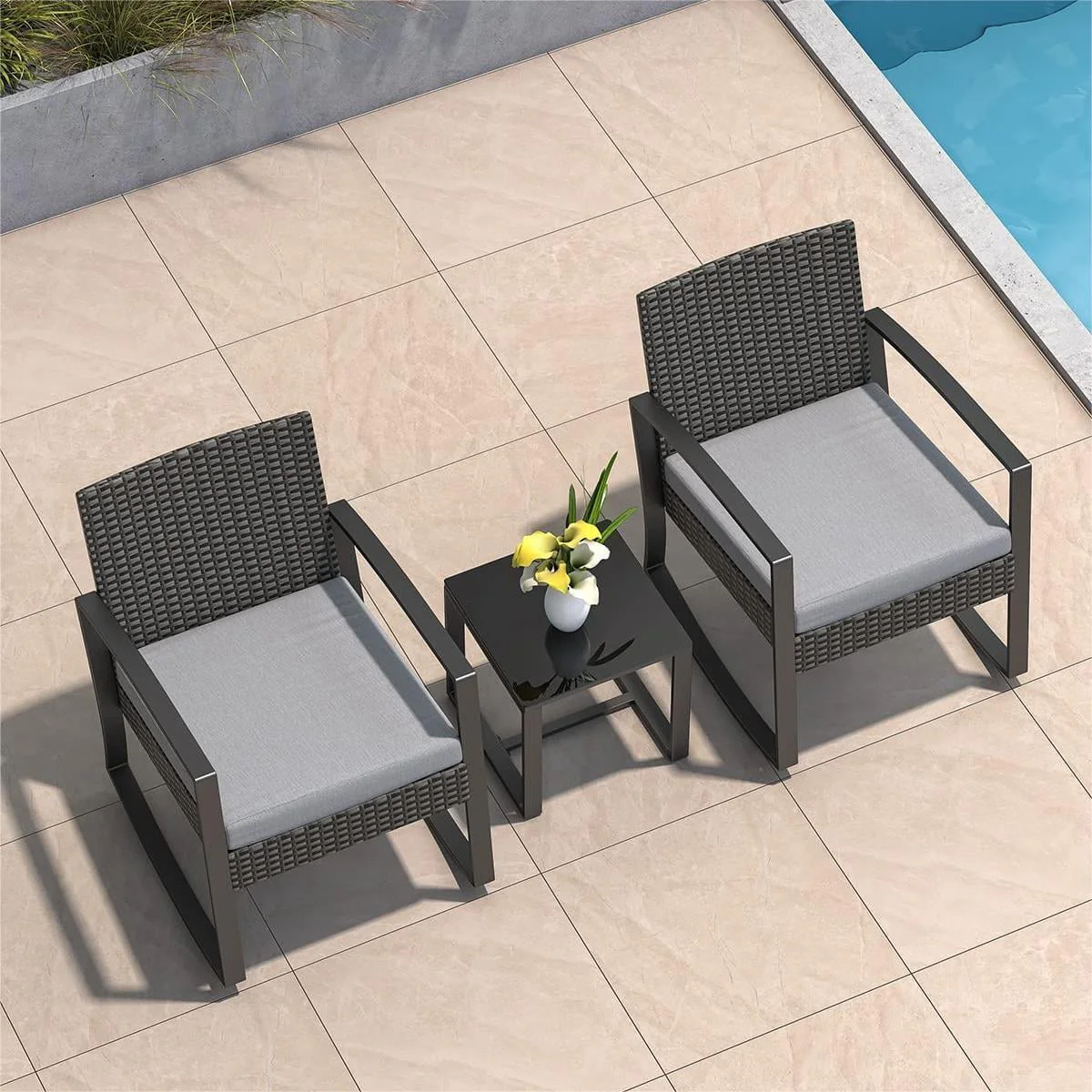 Patio Chairs Set, Outdoor Porch Balcony Furniture Set with Glass Coffee Table, Patio Rocking Wicker Chairs Set with Gray Cushion(Upgraded)(Gray) Image 8