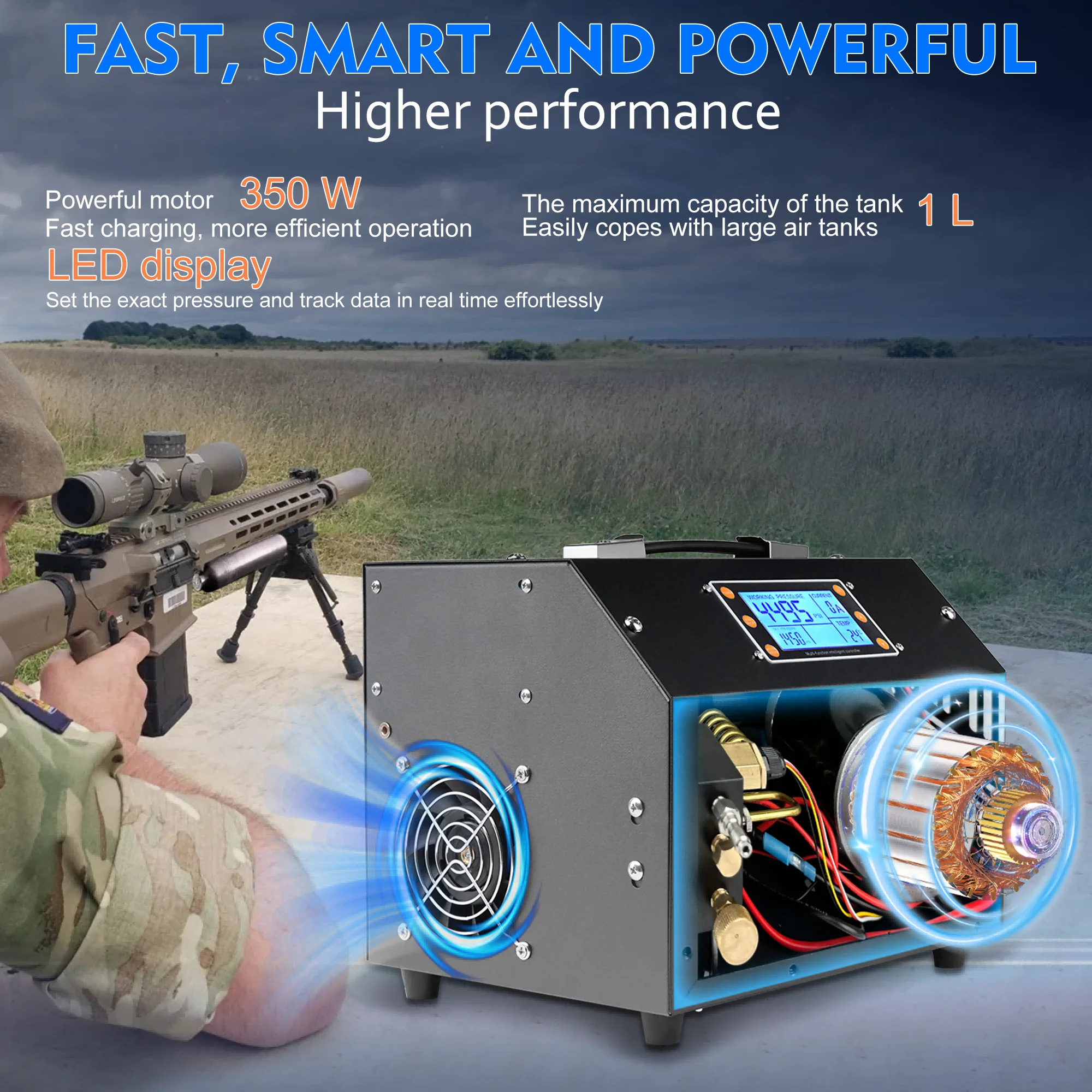 TUDIVING PCP Air Compressor LCD Display 4500psi Built - in Converter Auto - Stop Portable Air Pump 110V