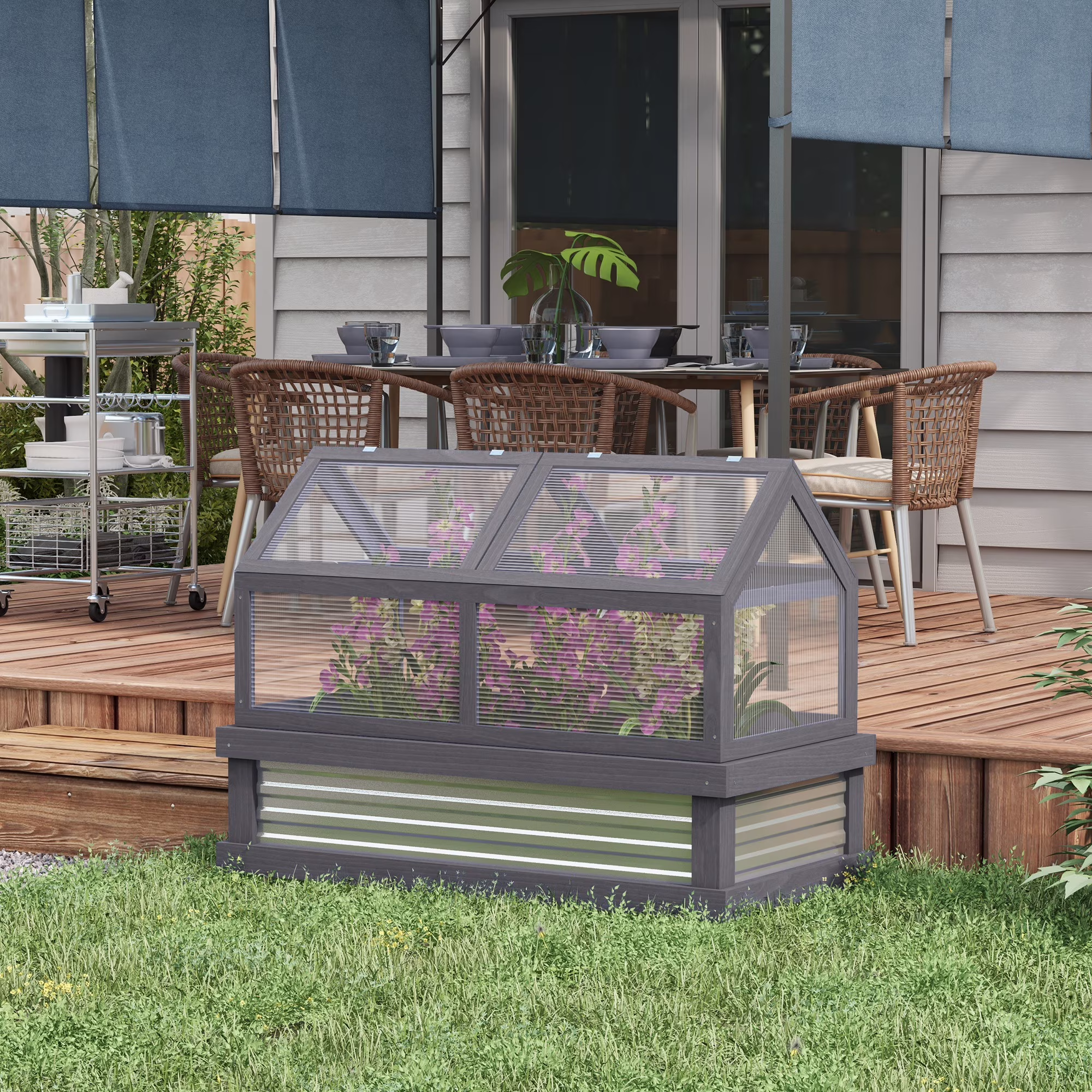 Outsunny Raised Garden Bed with Polycarbonate Greenhouse, Wooden Garden Cold Frame Greenhouse, Flower Planter Protection, 48 x 24 x 32, Natural