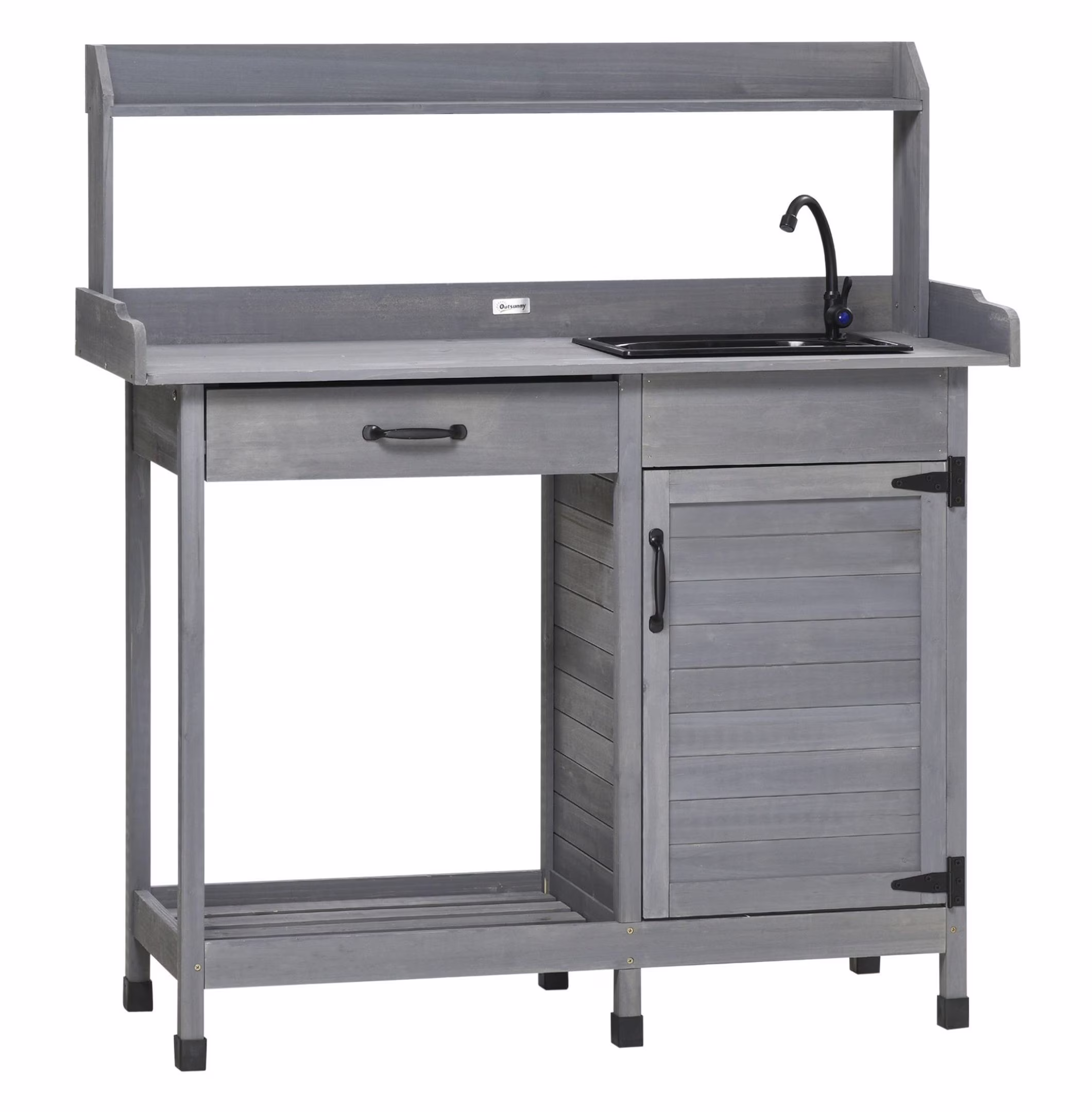 COCOKUN Outdoor Potting Table with Sink, Faucet, and Drawer for Greenhouse, Garden, Patio, Gray, All-in-One Gardening Workcenter