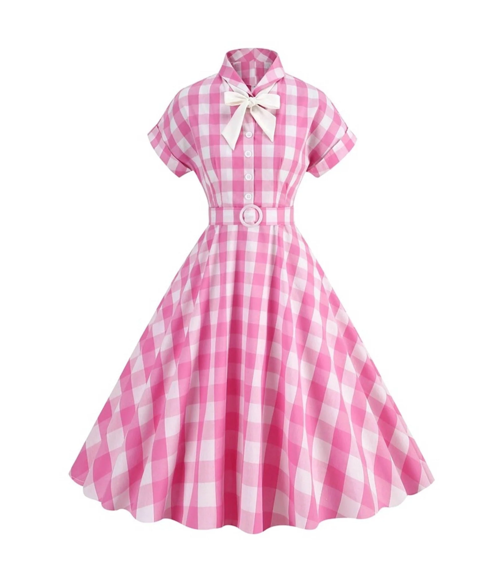 Pink Gingham & White Scarf Swing Dress