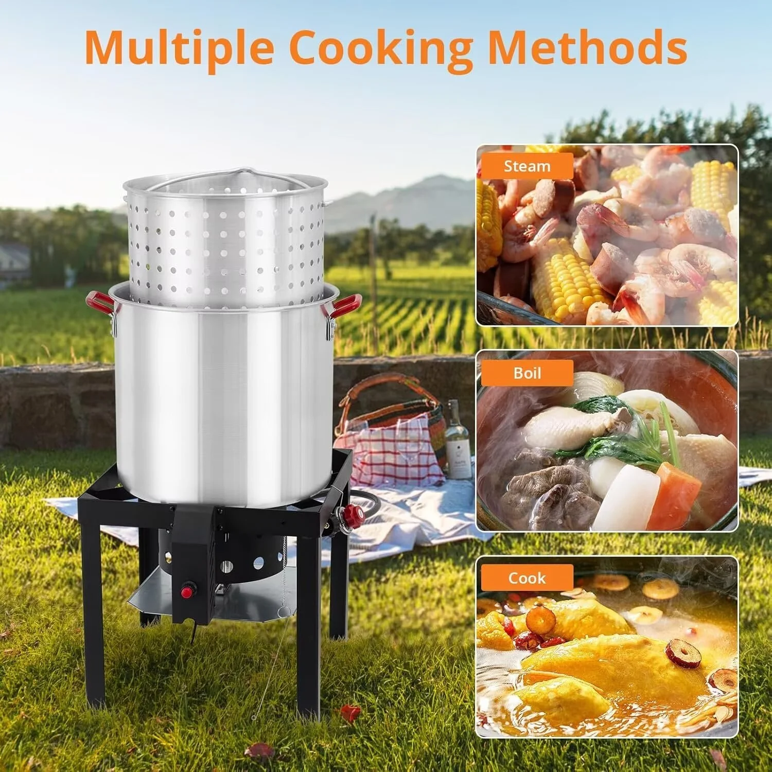 60 Qt Seafood Boiling Kit with Strainer, Outdoor Seafood Boil Pot and Basket with 110,000 BTUs Propane Jet Burner Lifting Hook, 10 PSI Regulator - Image 5