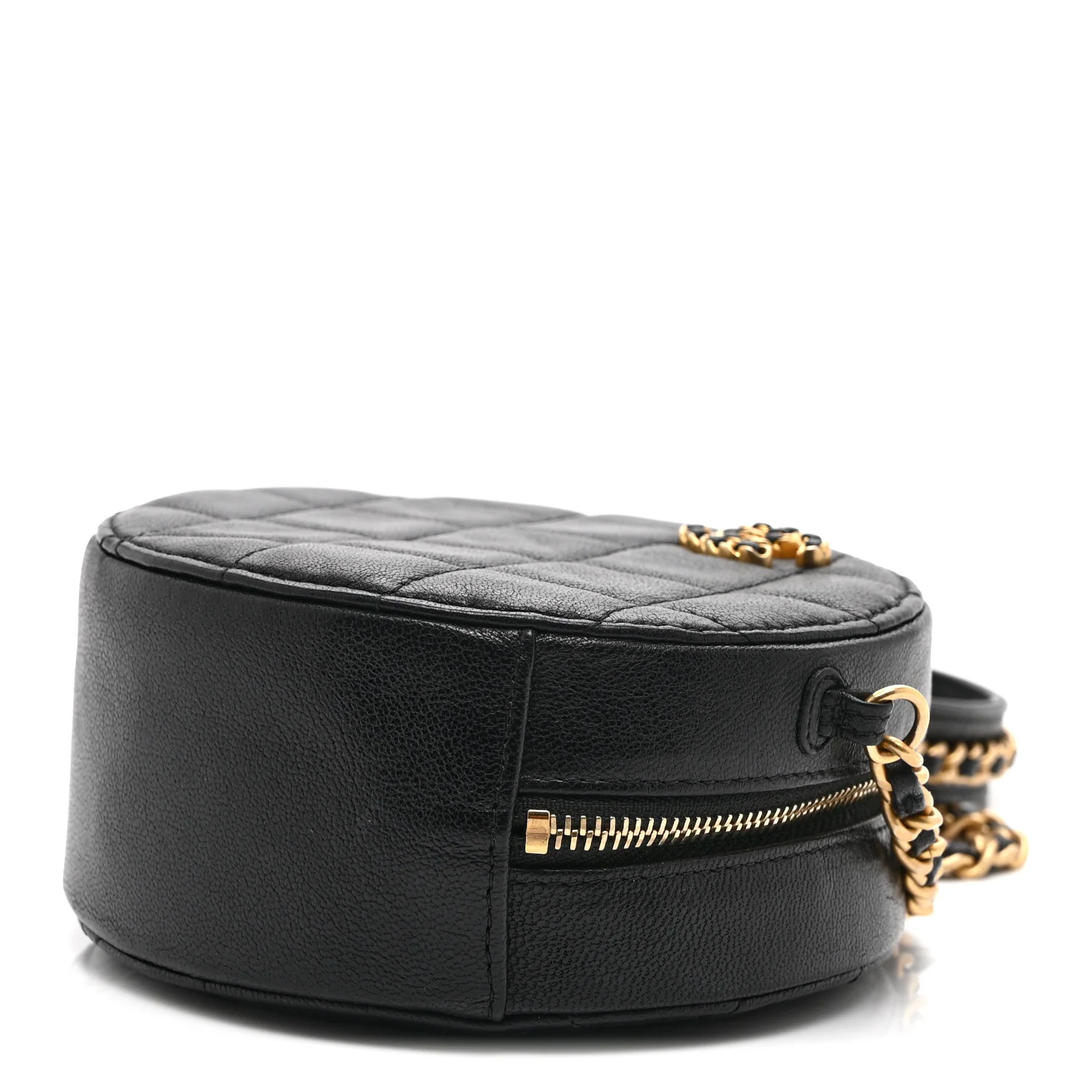 Goatskin Quilted Chanel 19 Round Clutch With Chain Black