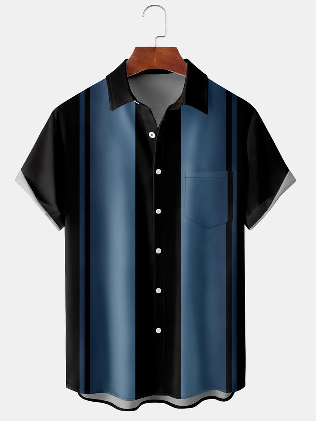 Chemise bowling décontractée pour homme, imprimé ombré, boutons sur le devant, douce et respirante, poche poitrine.