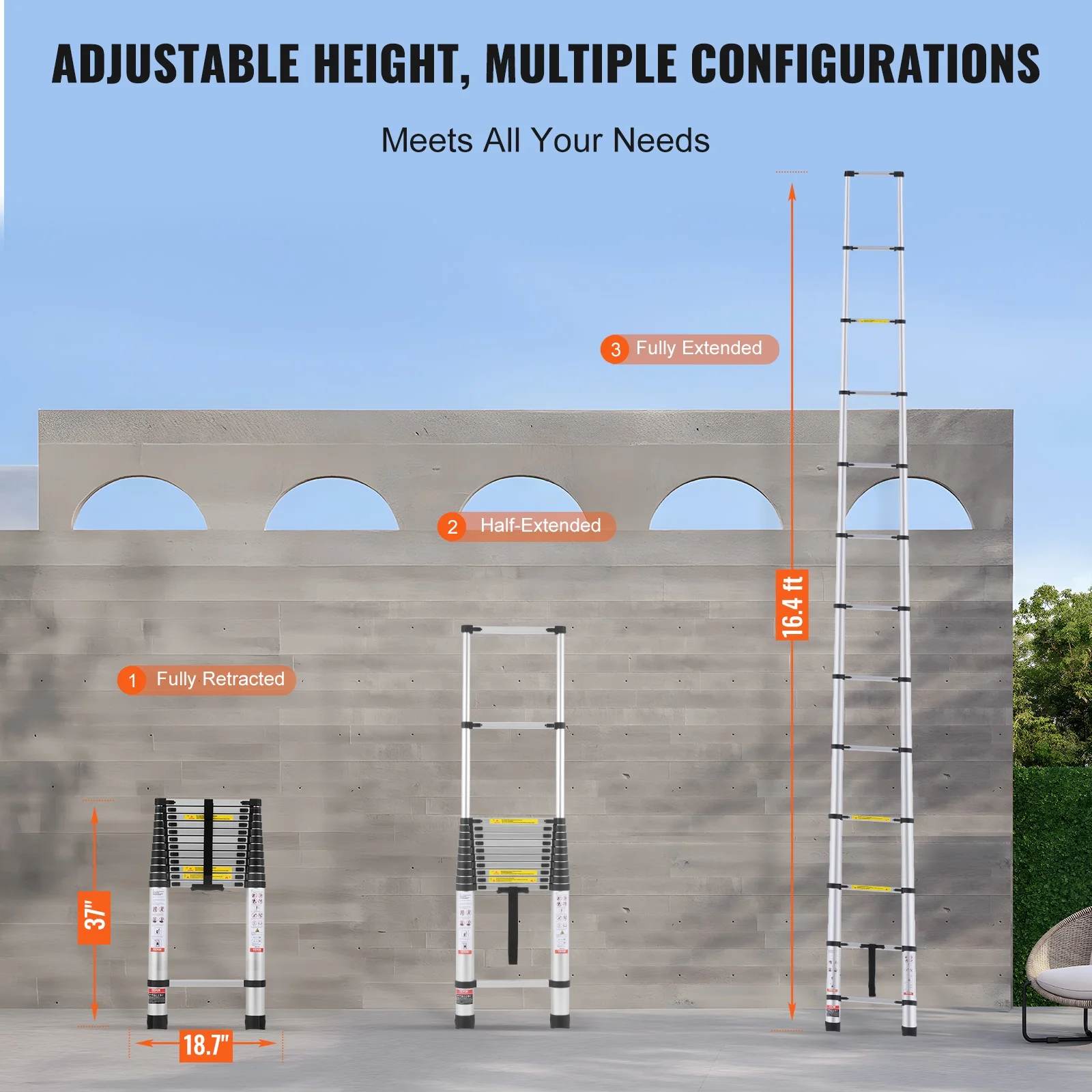 Telescoping Ladder, 16.4FT Aluminum Lightweight Extension Ladder, Multi-button Retraction Collapsible Ladder, 375 LBS Capacity with Non-slip Feet, Portable Compact Ladders for Home, RV, Loft - Image 6