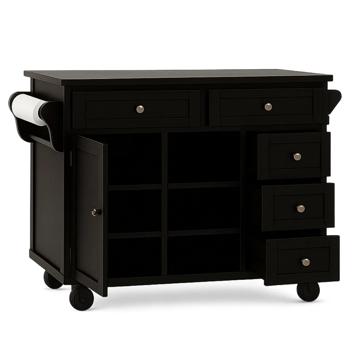 Kkken, design med hjul, lavet af tr, sort, med 5 skuffer, 1 dr og 3 bne rum, strrelse 90x45x85 cm, til kkkenopbevaring - l5oDBGkRlRKy