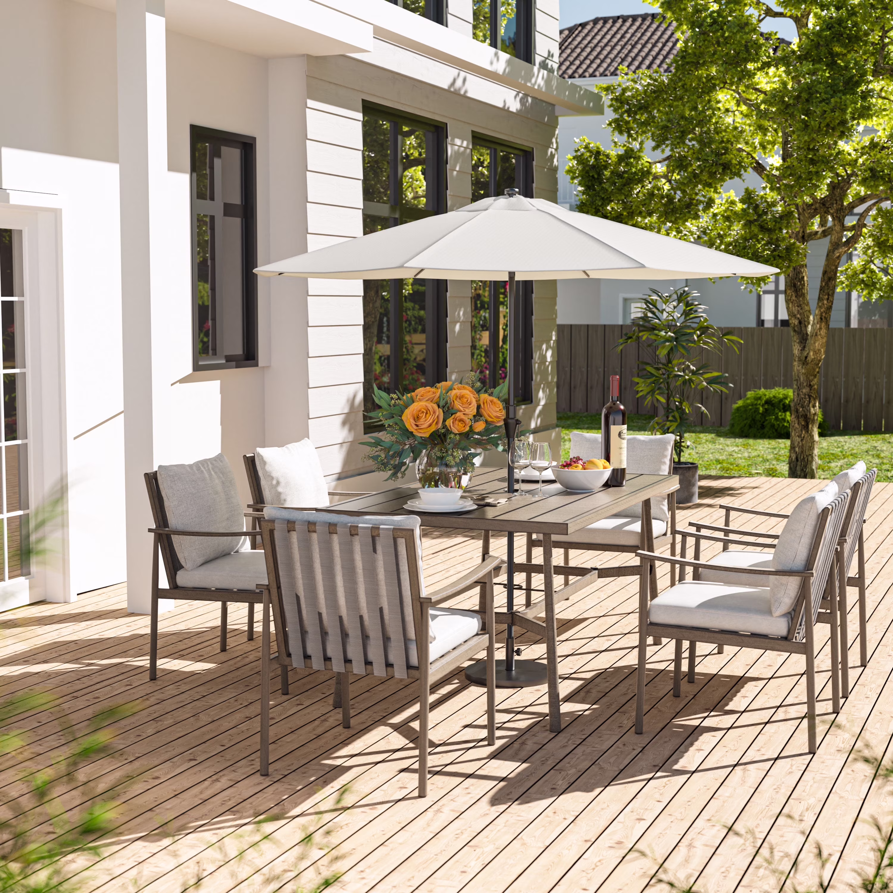 HAPPATIO 7 - Piece Outdoor Dining Set for 6, Aluminum Patio Dining Set Includes 6 Dining Chairs and 1 Large Rectangular Table with Umbrella Hole, Patio Furniture Set for Lawn, Porch, Backyard, Grey