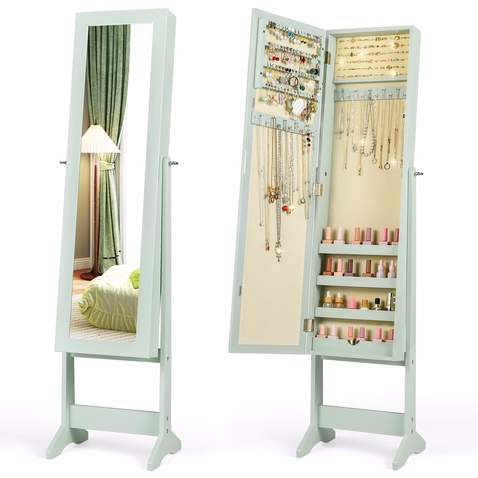 Jewelry Mirrored Cabinet Armoire Organizer Storage Box w/ Stand Christmas Gift(Black) - Image 9