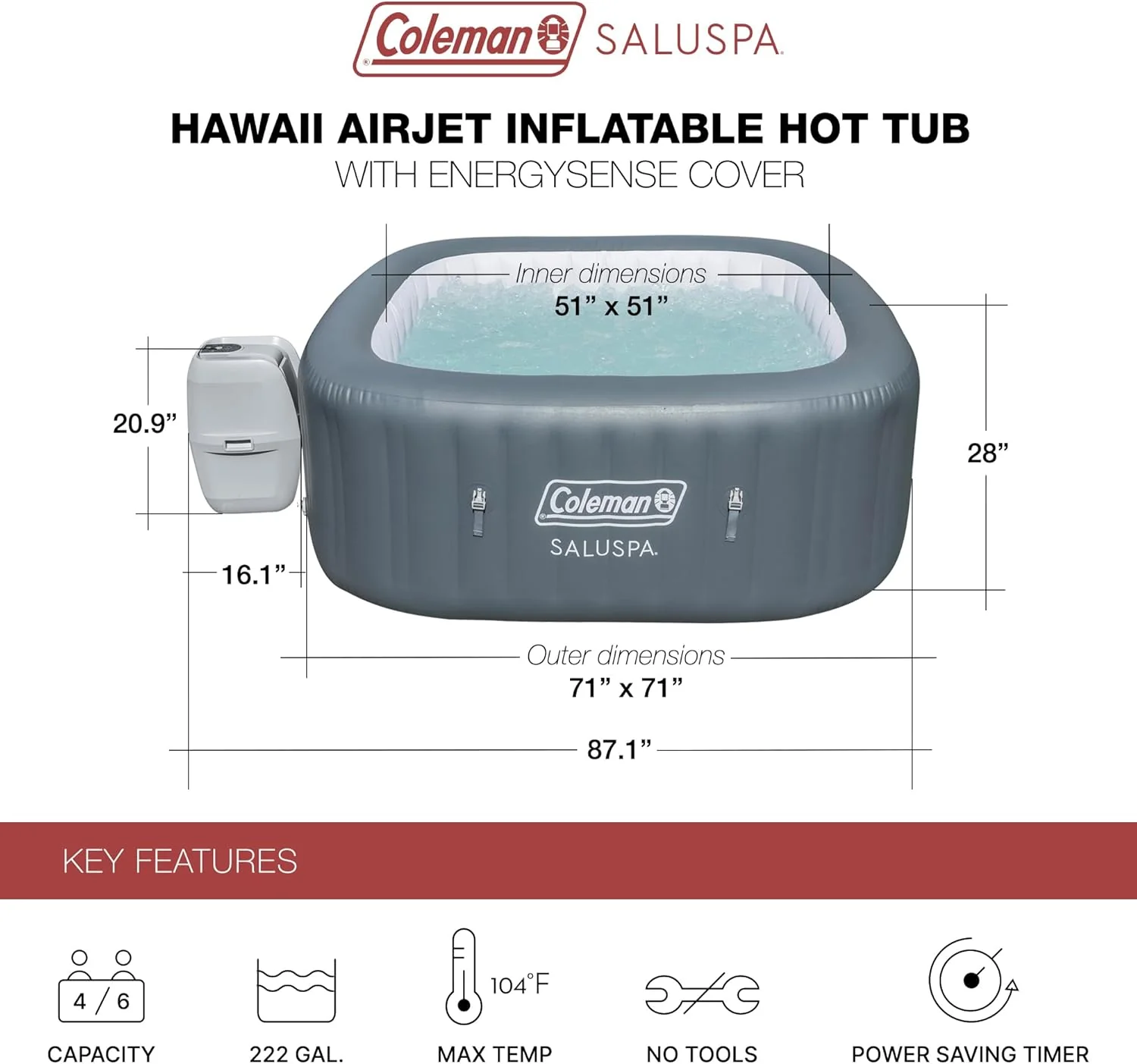 Spa gonflable carré portable d'extérieur Coleman SaluSpa Atlantis AirJet pour 4 à 6 personnes, avec 140 jets apaisants et couverture, bleu
