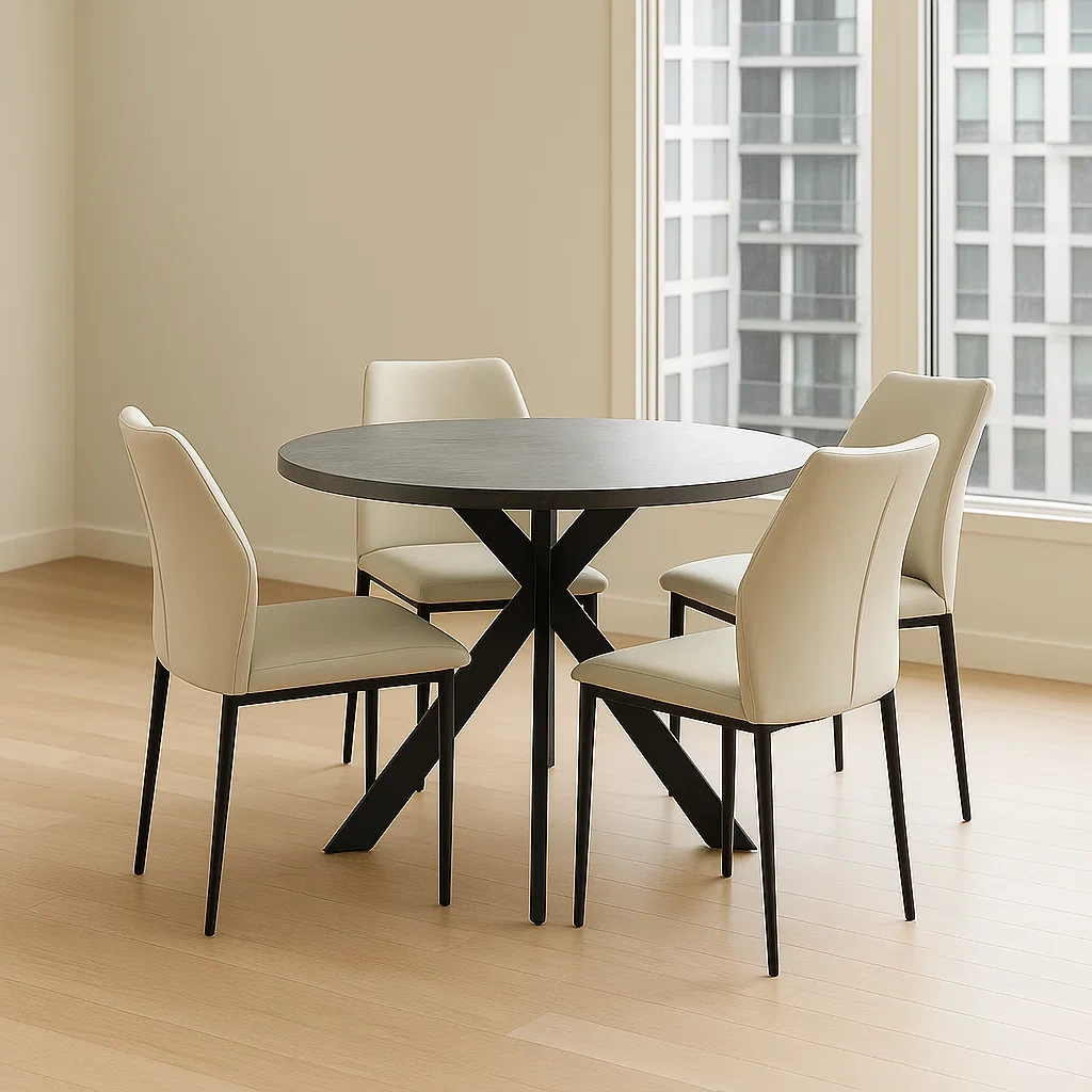 Spisebord- og stolest, bestende af et spisebord og fire spisestole, sort, tr og kunstlder, til spisestuen