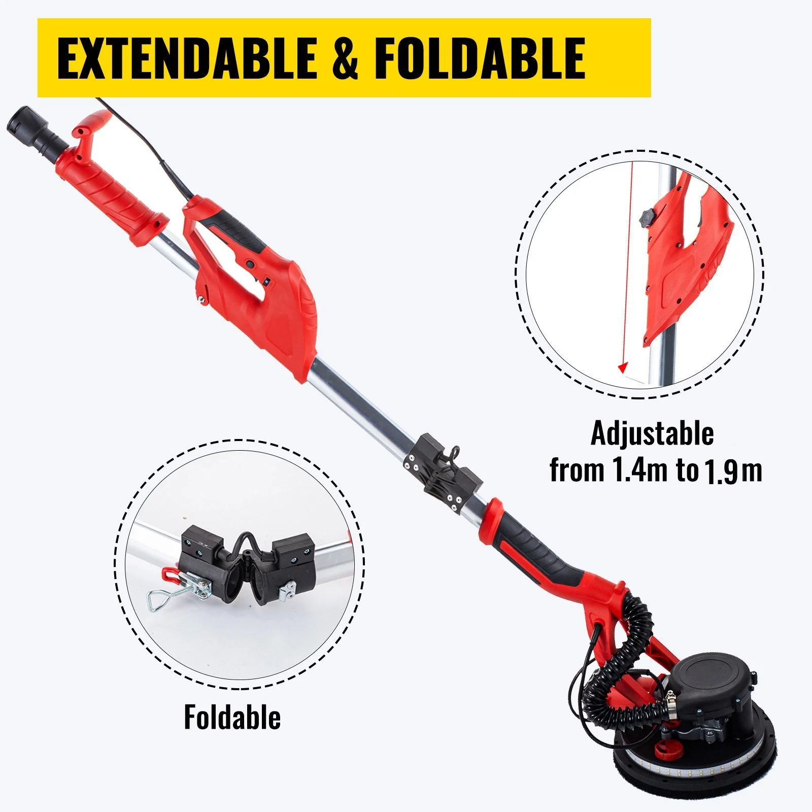 Drywall Sander 850W, Electric Drywall Sander, Variable Speed 800-1750 RPM, Foldable Sheetrock Sander, with Telescope Handle, Electric Sander, with LED Strip Light and Vacuum Bag, Wall Sander - Image 4