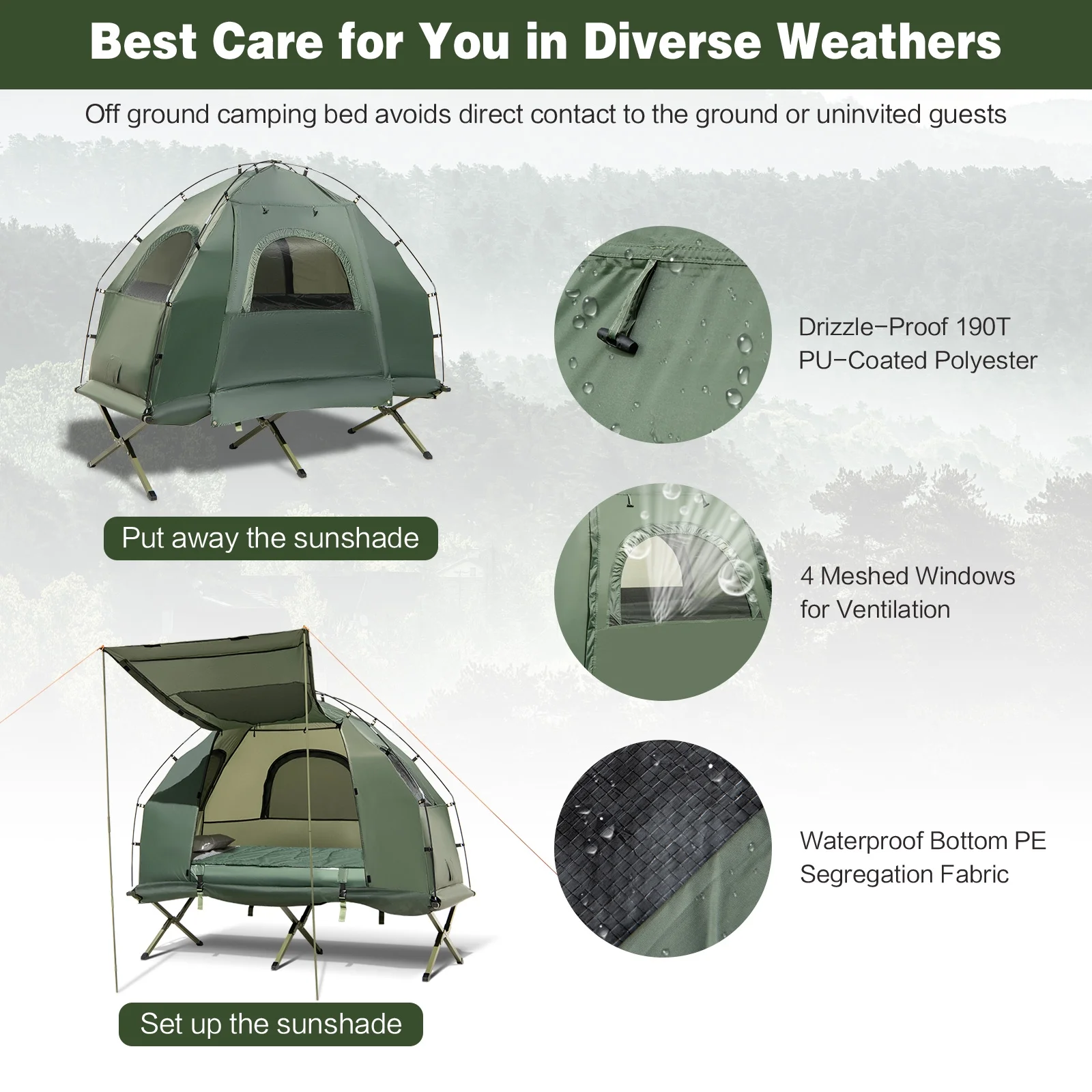 1-Person Folding Camping Tent Cot Portable Pop-Up Tent w/Sleeping Bag Air Mattress for Outdoor - Image 5