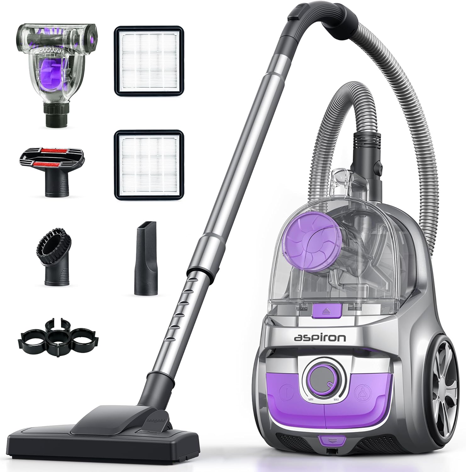 Aspiron Canister Vacuum Cleaner, 40Kpa Bagless Vacuum Cleaners, 4QT Large Dust Cup, Double HEPA Filter, Retractable Cord, 1600W Lightweight Vacuum Cleaner with 5 Tools for Hard Floors, Pearl