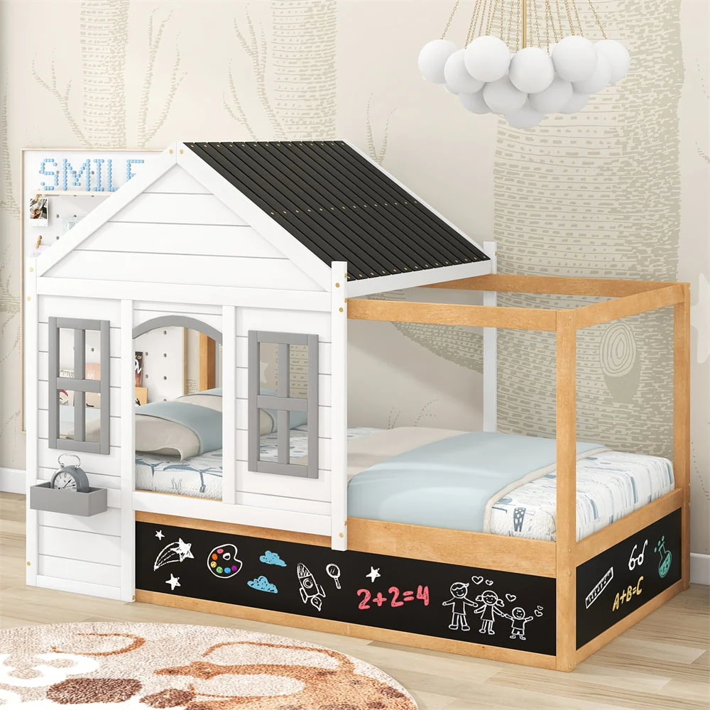 House Platform Bed with Black Roof and 2 Windows, Solid Wood Twin Size Canopy Platform Bed Frame with Little Shelf and Blackboard for Toddlers Kids Girls Boys, No Box Spring Needed, White