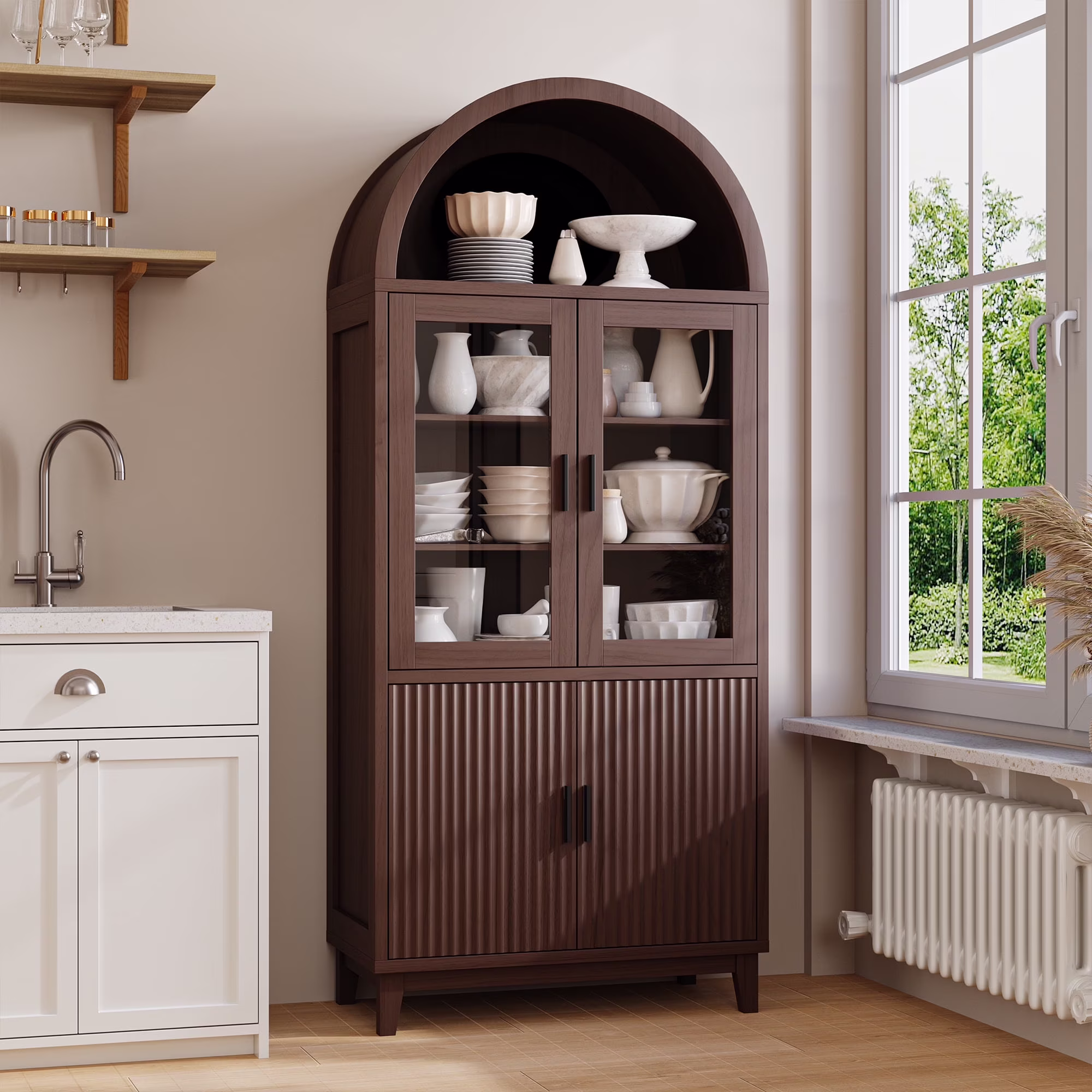 71" Tall Arch Cabinet, Wood Fluted Kitchen Kitchen Storage Cabinet with 4 Doors and 6 Shelves for Dining Room Living Room(black) - Image 3